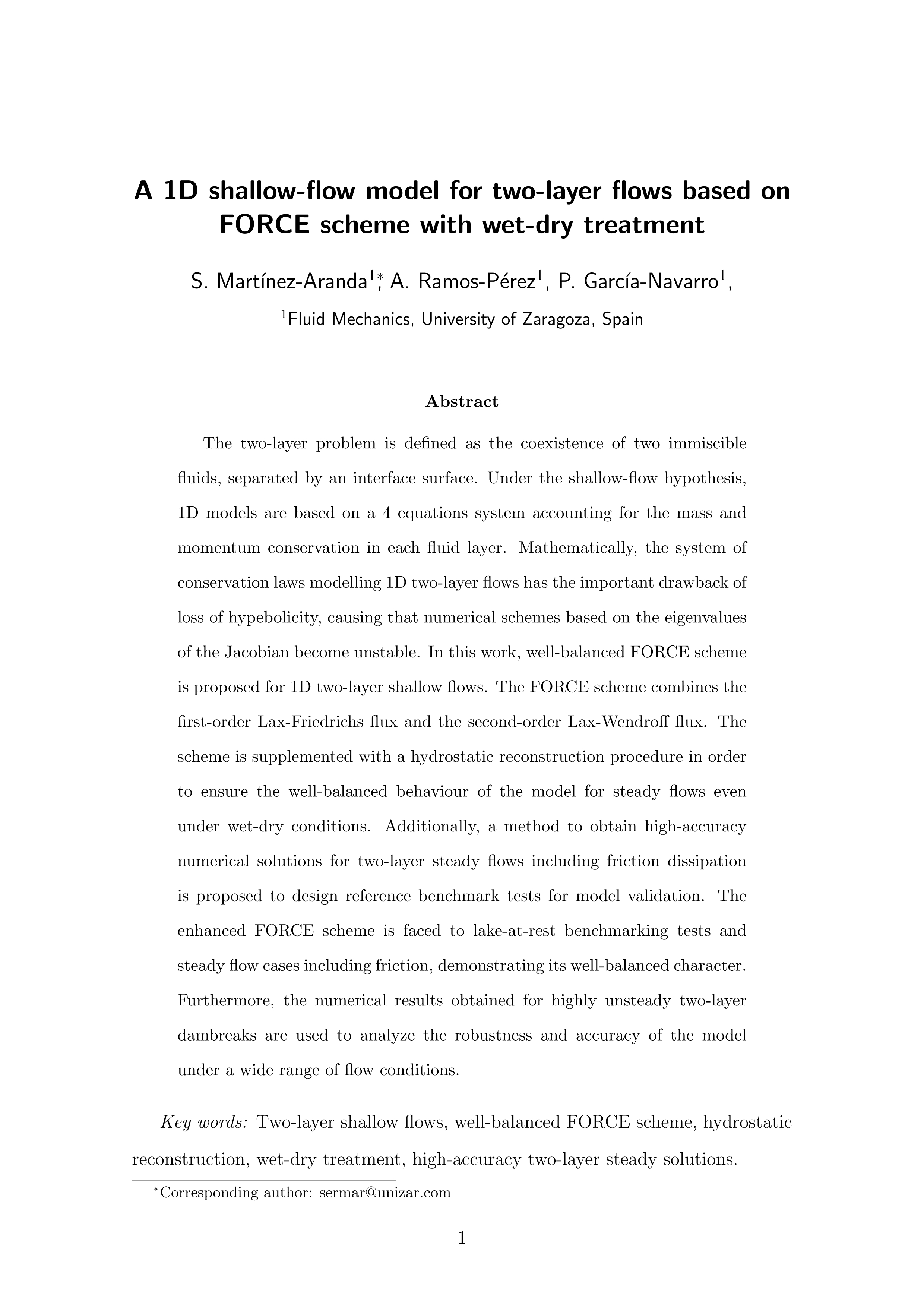 A 1D shallow-flow model for two-layer flows based on FORCE scheme with wet-dry treatment