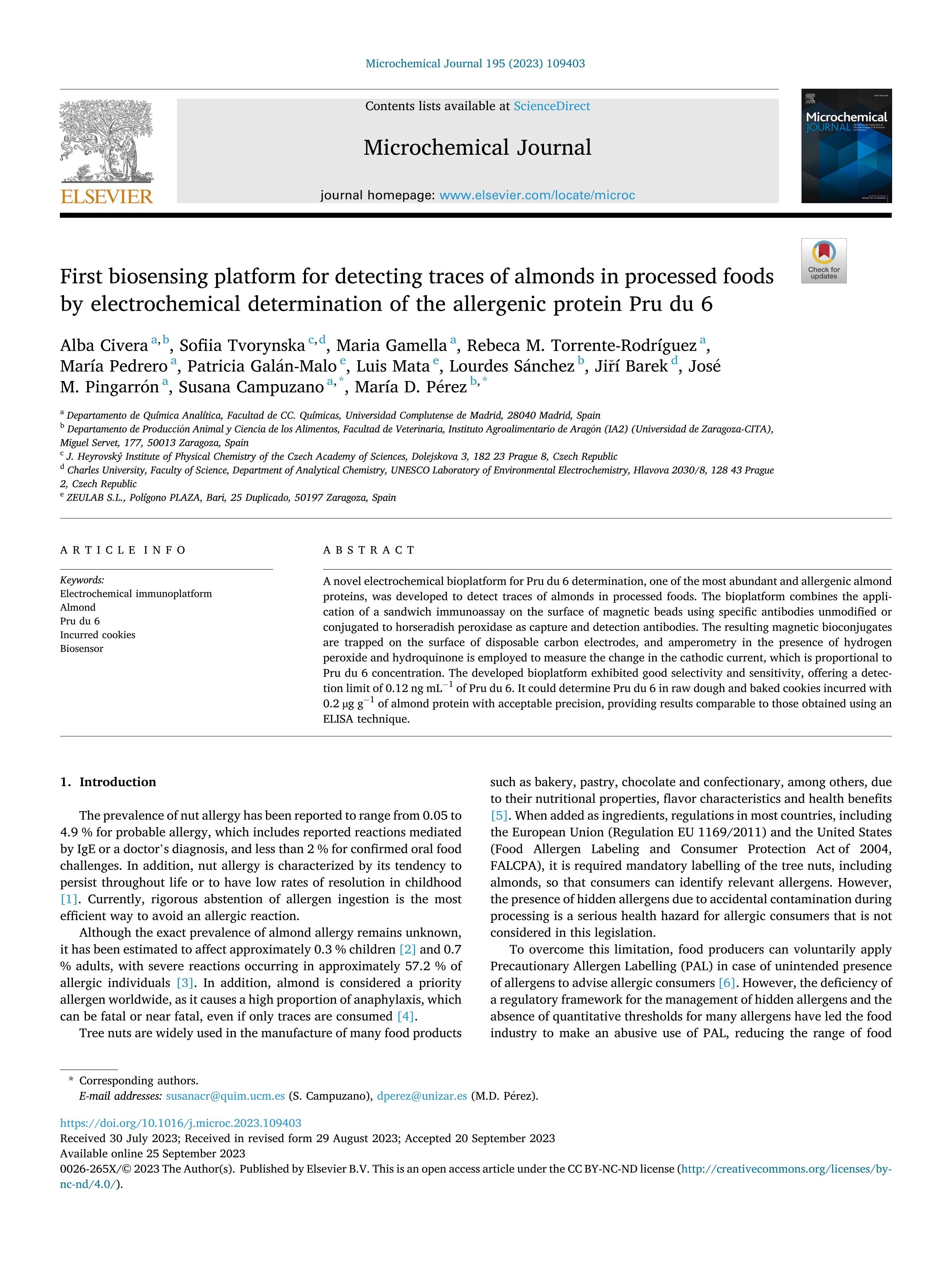 First biosensing platform for detecting traces of almonds in processed foods by electrochemical determination of the allergenic protein Pru du 6
