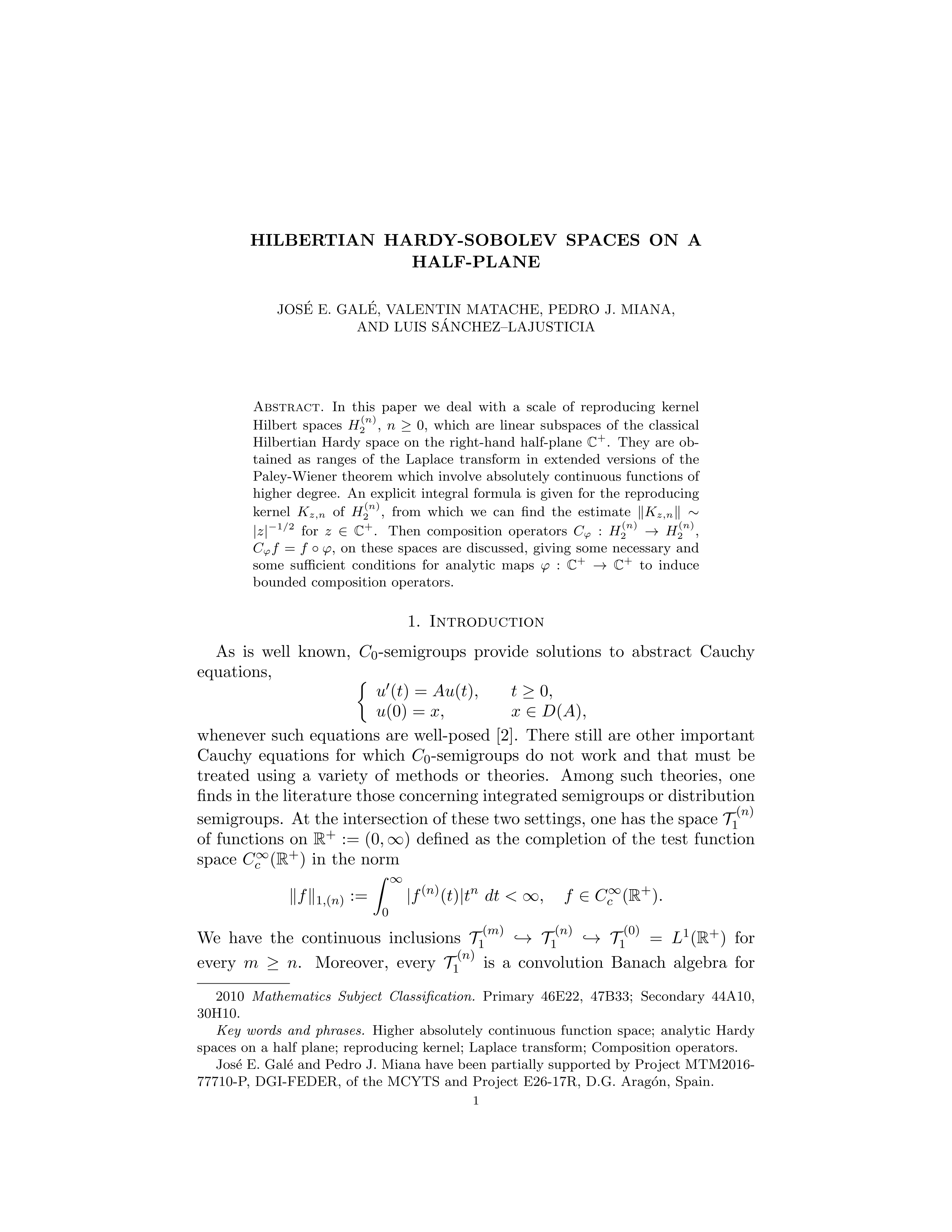 Hilbertian Hardy-Sobolev spaces on a half-plane