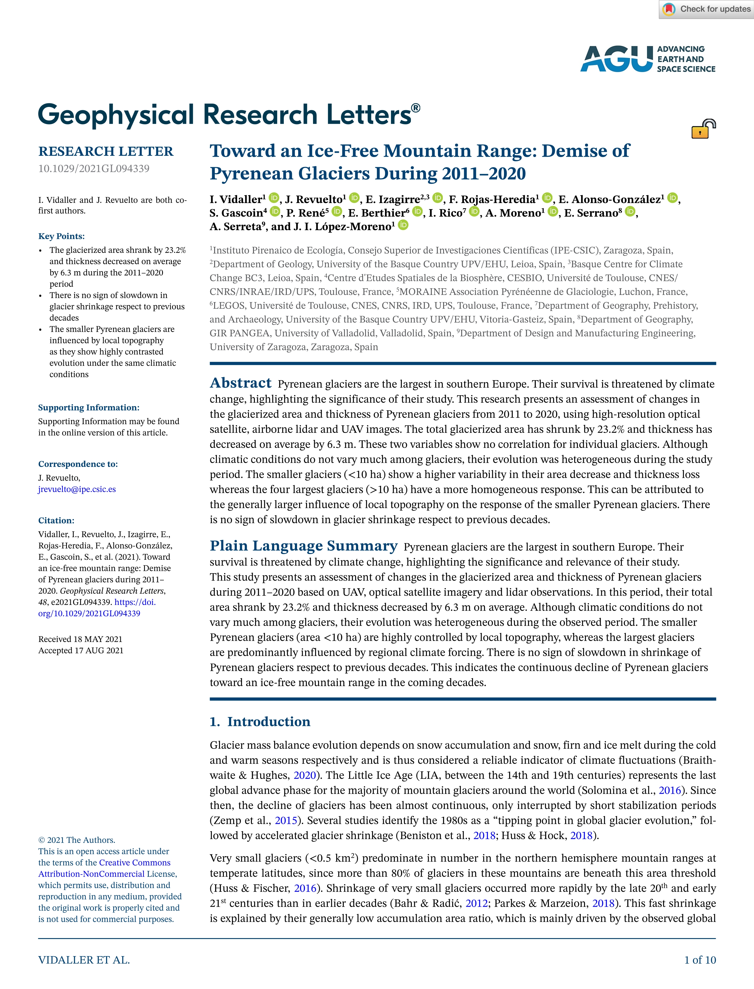 Toward an Ice-Free Mountain Range: Demise of Pyrenean Glaciers During 2011-2020