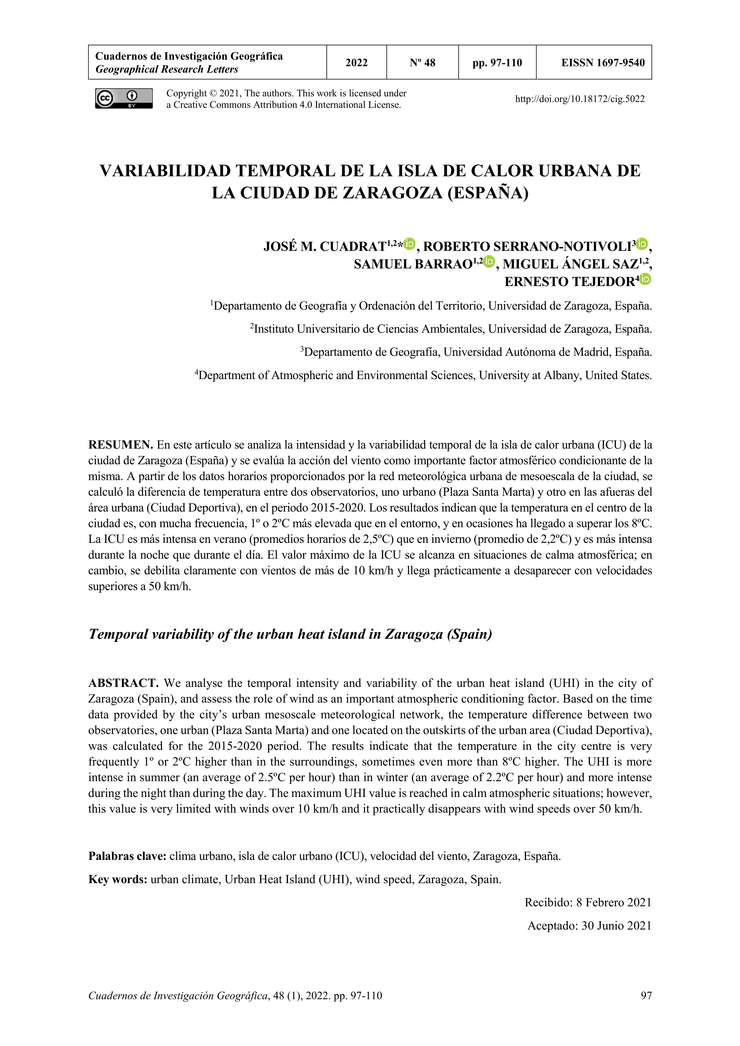 Variabilidad temporal de la isla de calor urbana de la ciudad de Zaragoza (España)