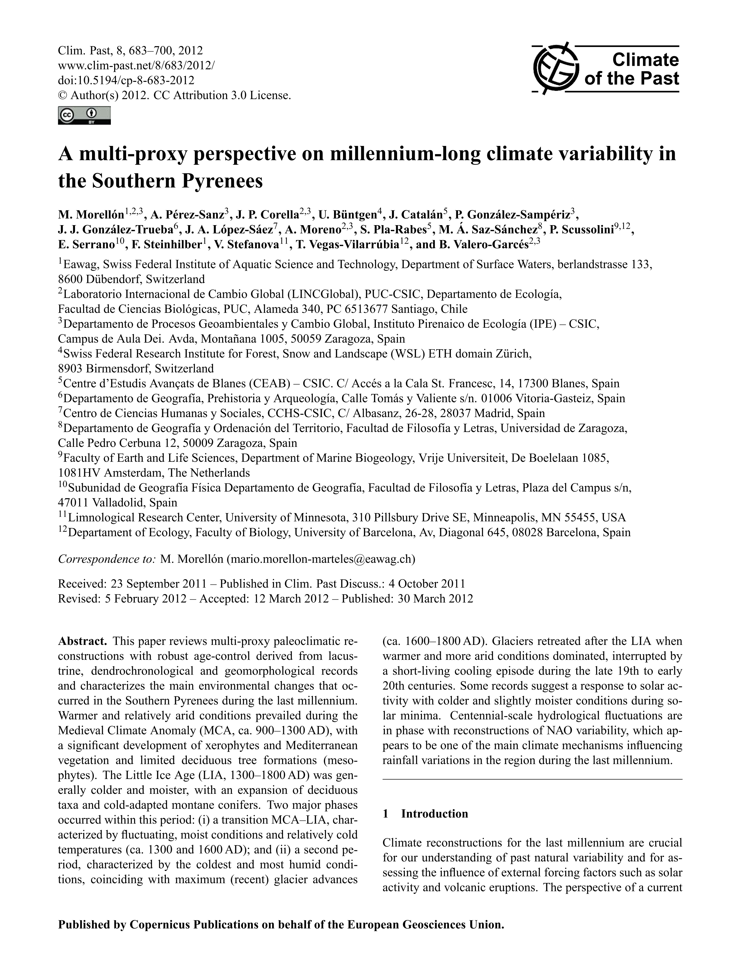 A multi-proxy perspective on millennium-long climate variability in the Southern Pyrenees