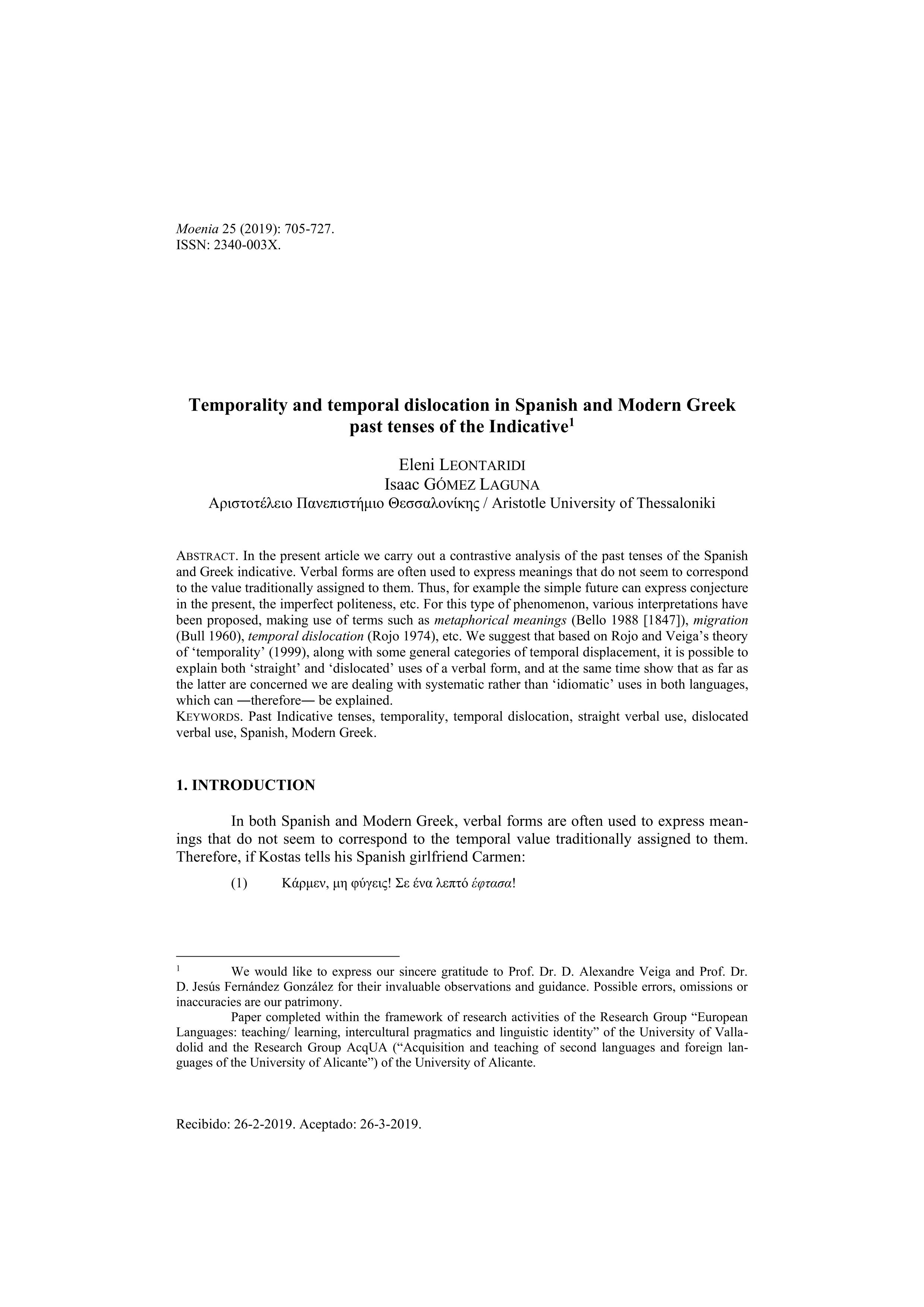 Temporality and temporal dislocation in Spanish and Modern Greek  past tenses of the Indicative
