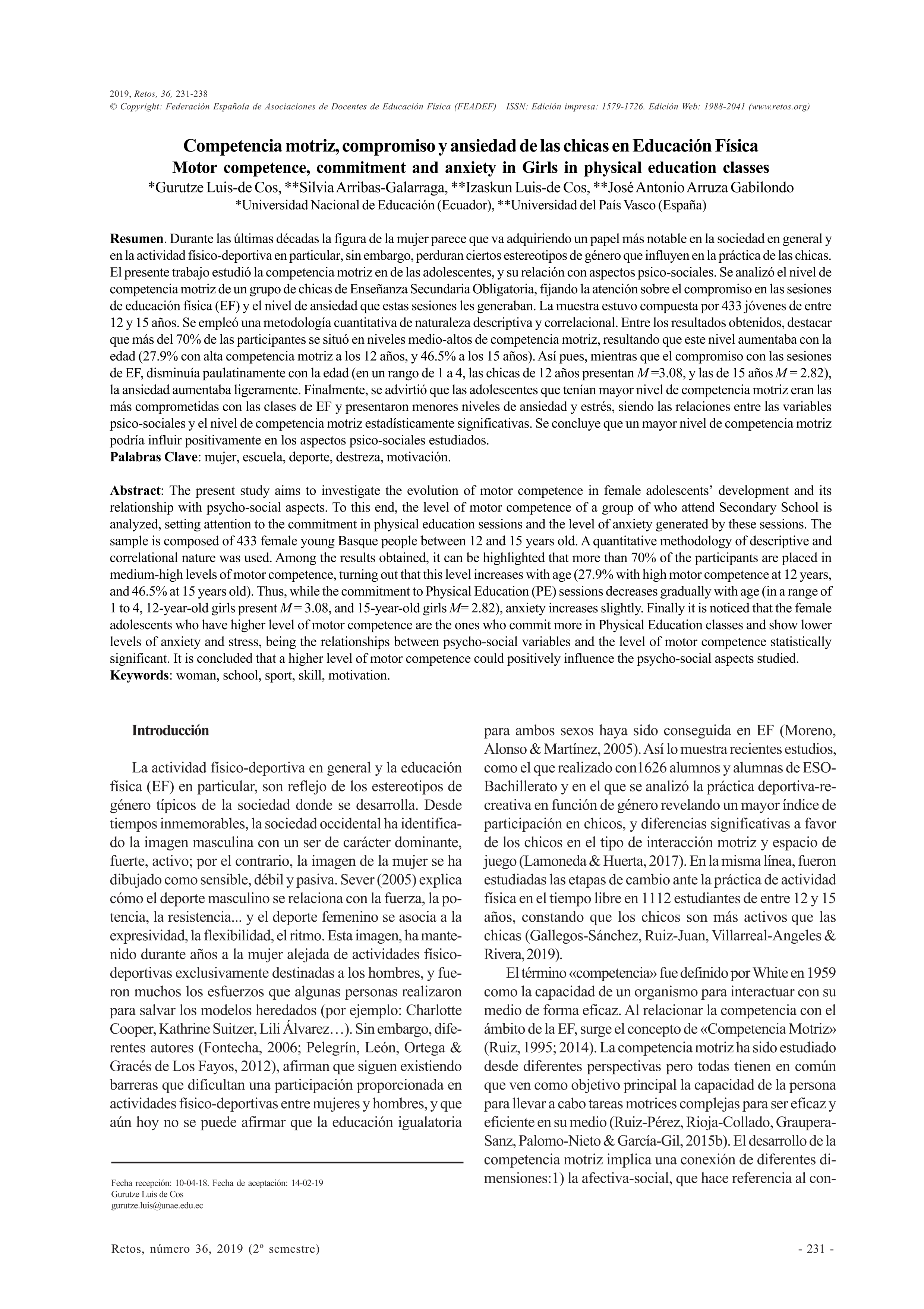 Competencia motriz, compromiso y ansiedad de las chicas en educación física  (motor competence, commitment, and anxiety in girls during physical education classes)