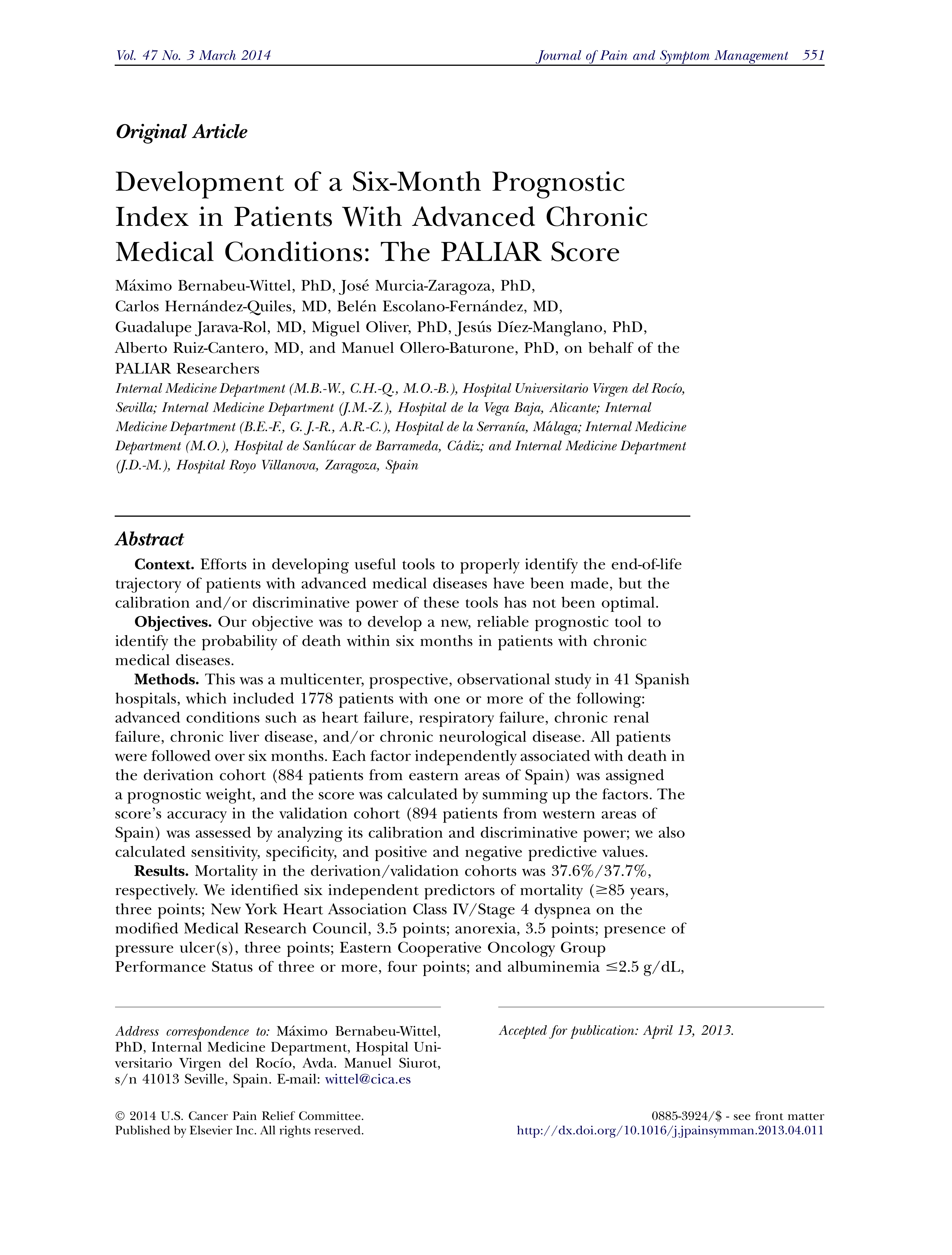 Development of a six-month prognostic index in patients with advanced chronic medical conditions: The PALIAR score