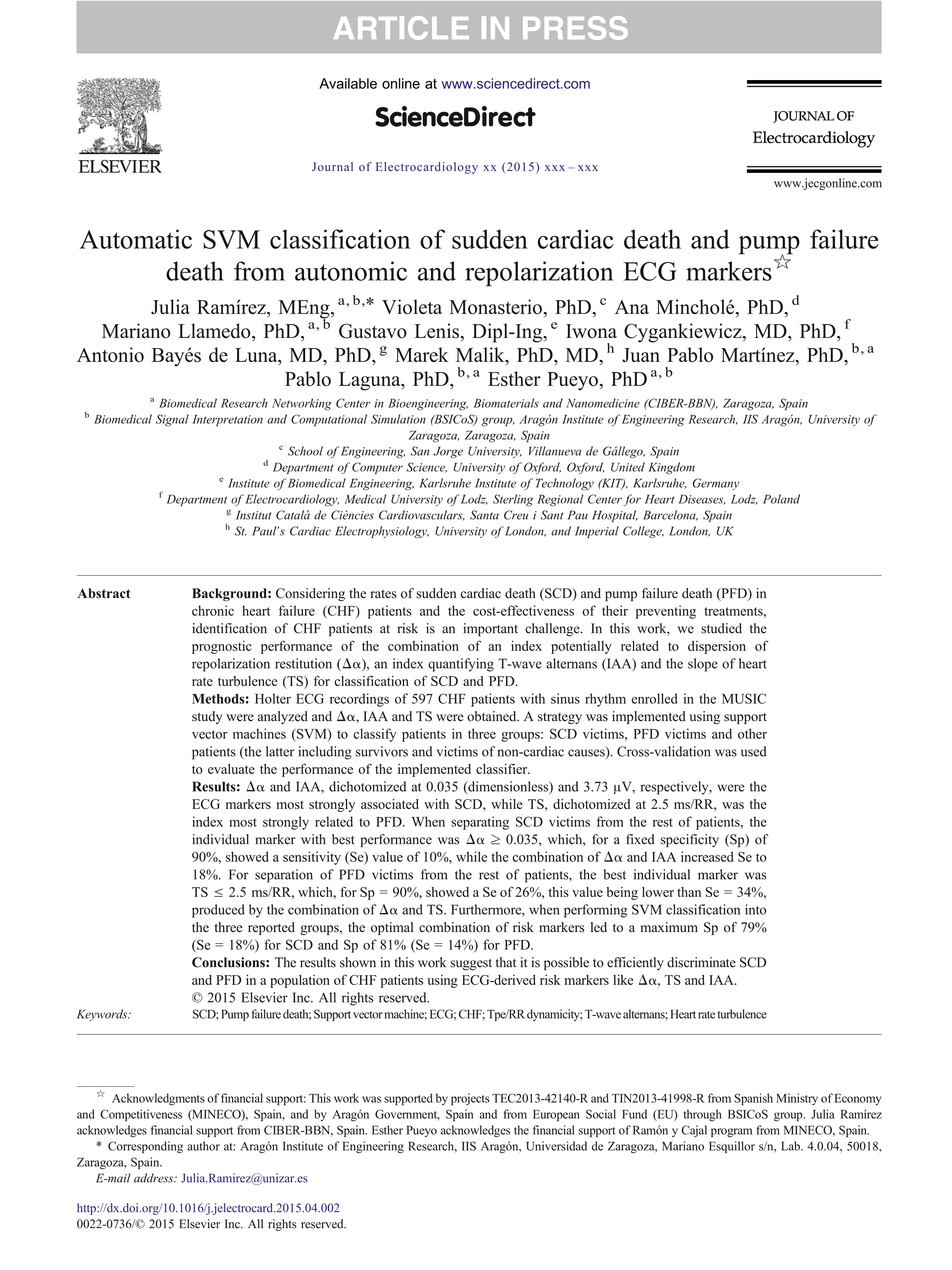 Automatic SVM classification of sudden cardiac death and pump failure death from autonomic and repolarization ECG markers