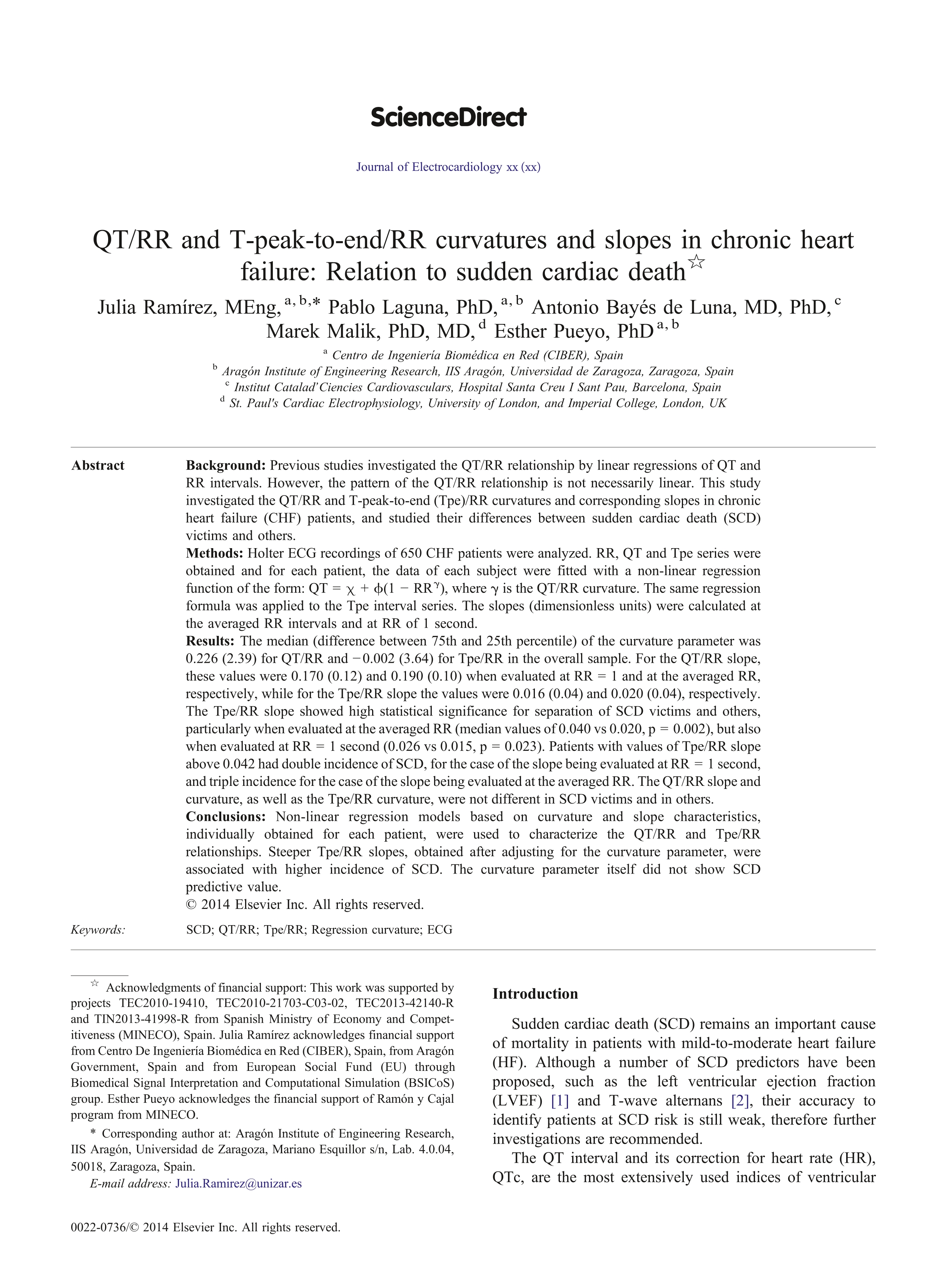 QT/RR and T-peak-to-end/RR curvatures and slopes in chronic heart failure: Relation to sudden cardiac death