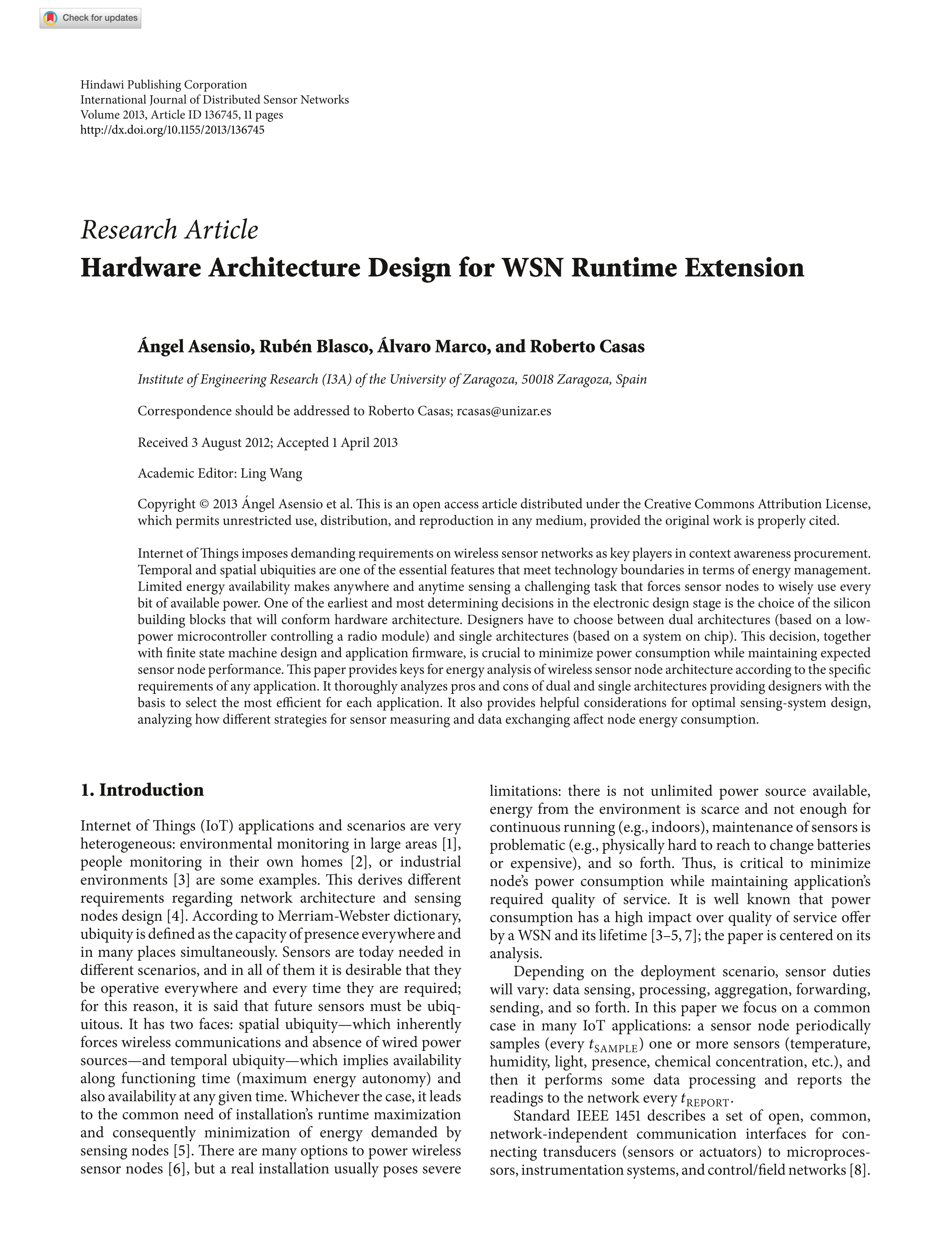 Hardware architecture design for WSN runtime extension