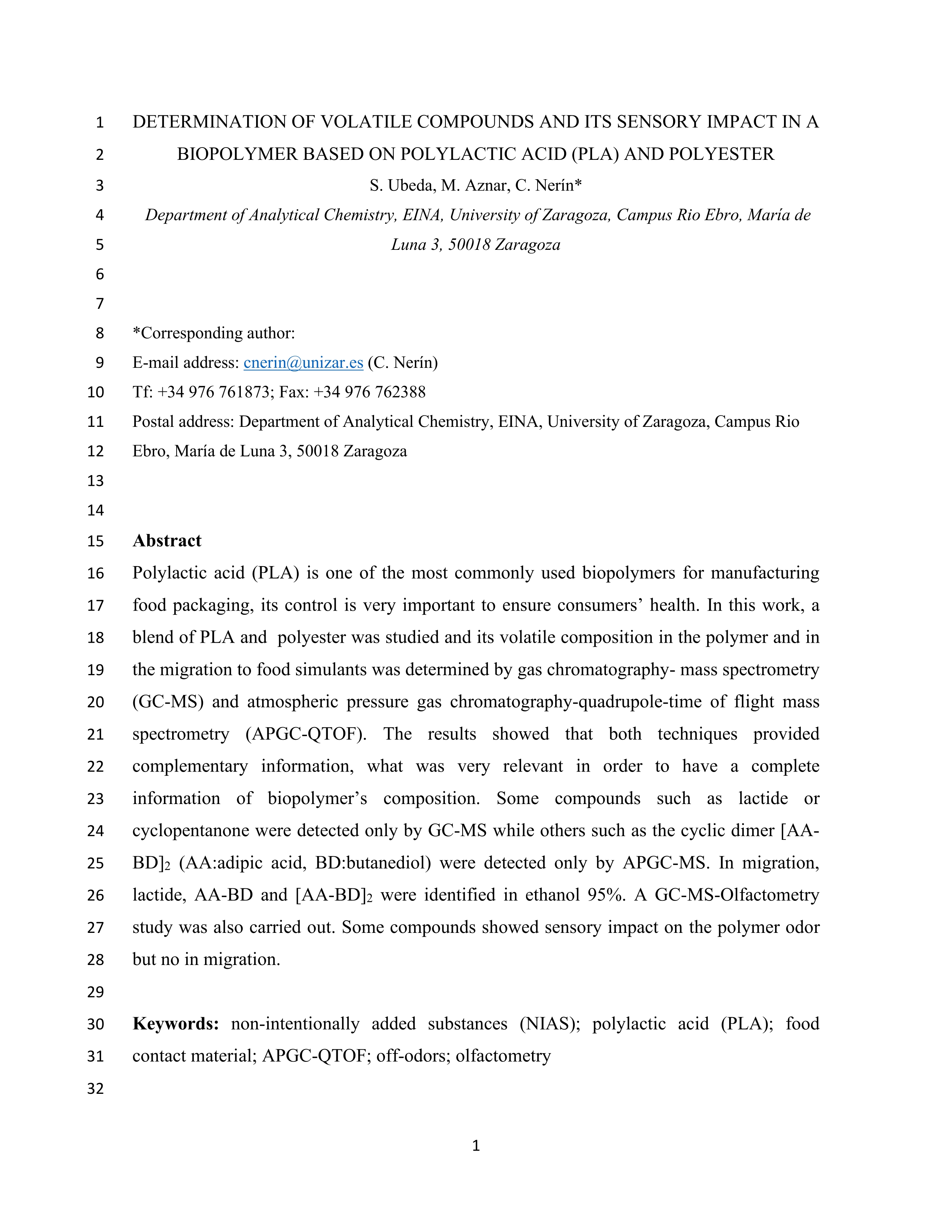 Determination of volatile compounds and their sensory impact in a biopolymer based on polylactic acid (PLA) and polyester