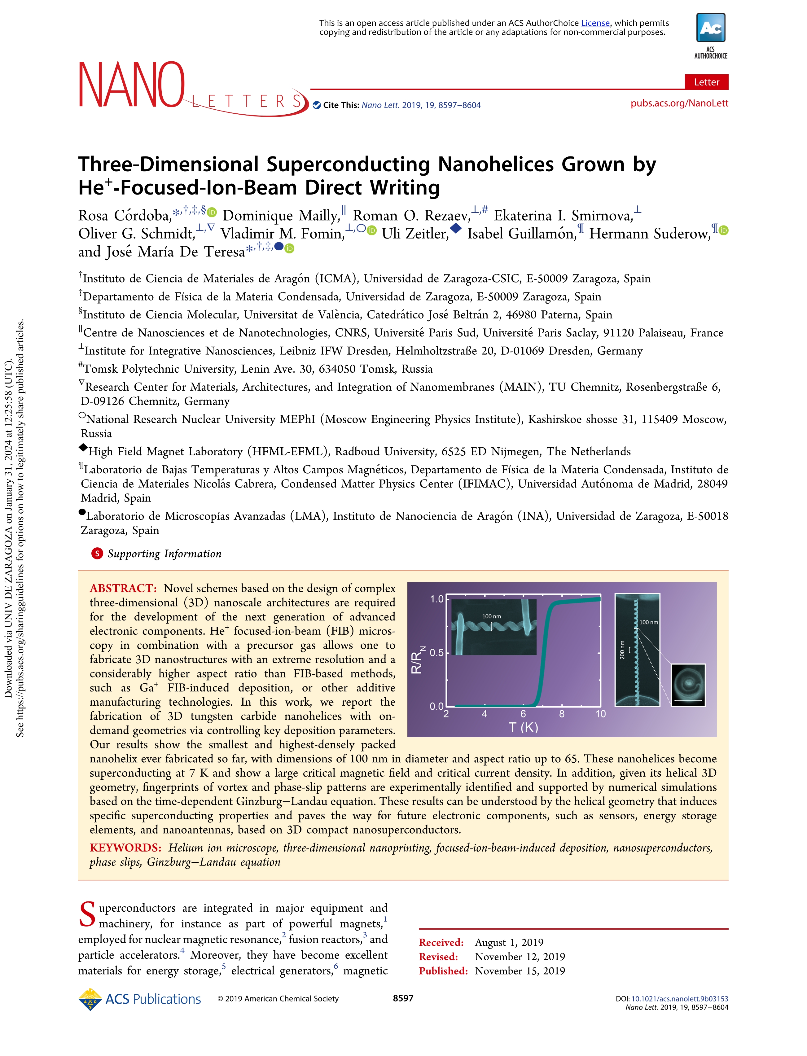 Three-Dimensional Superconducting Nanohelices Grown by He+-Focused-Ion-Beam Direct Writing