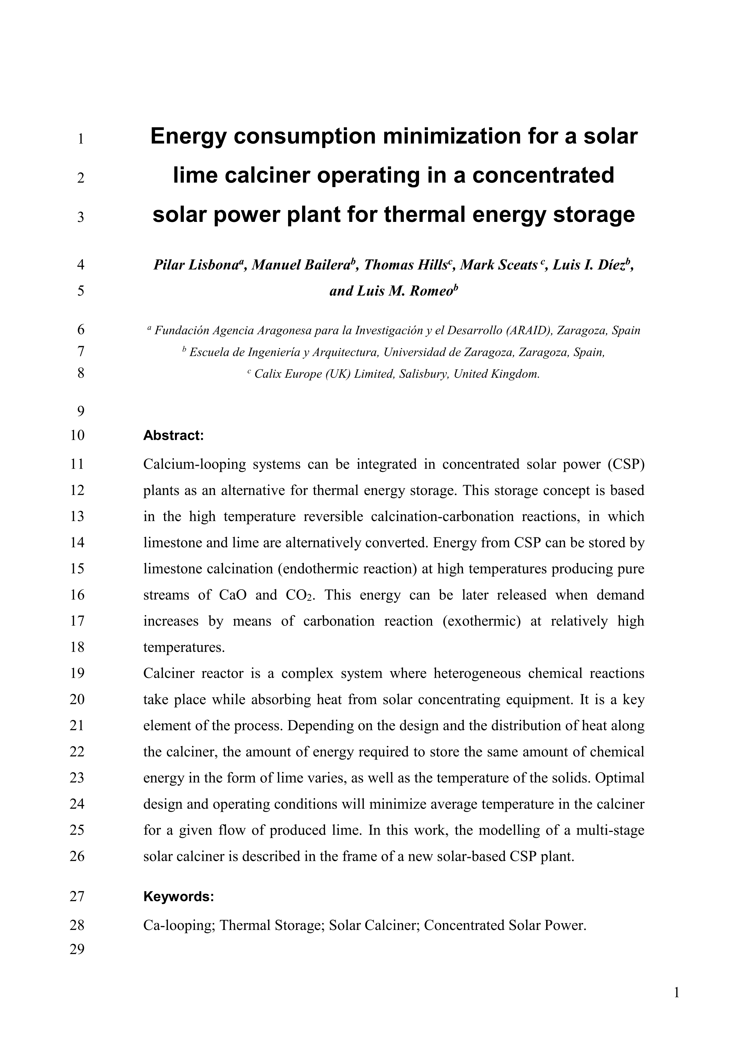 Energy consumption minimization for a solar lime calciner operating in a concentrated solar power plant for thermal energy storage