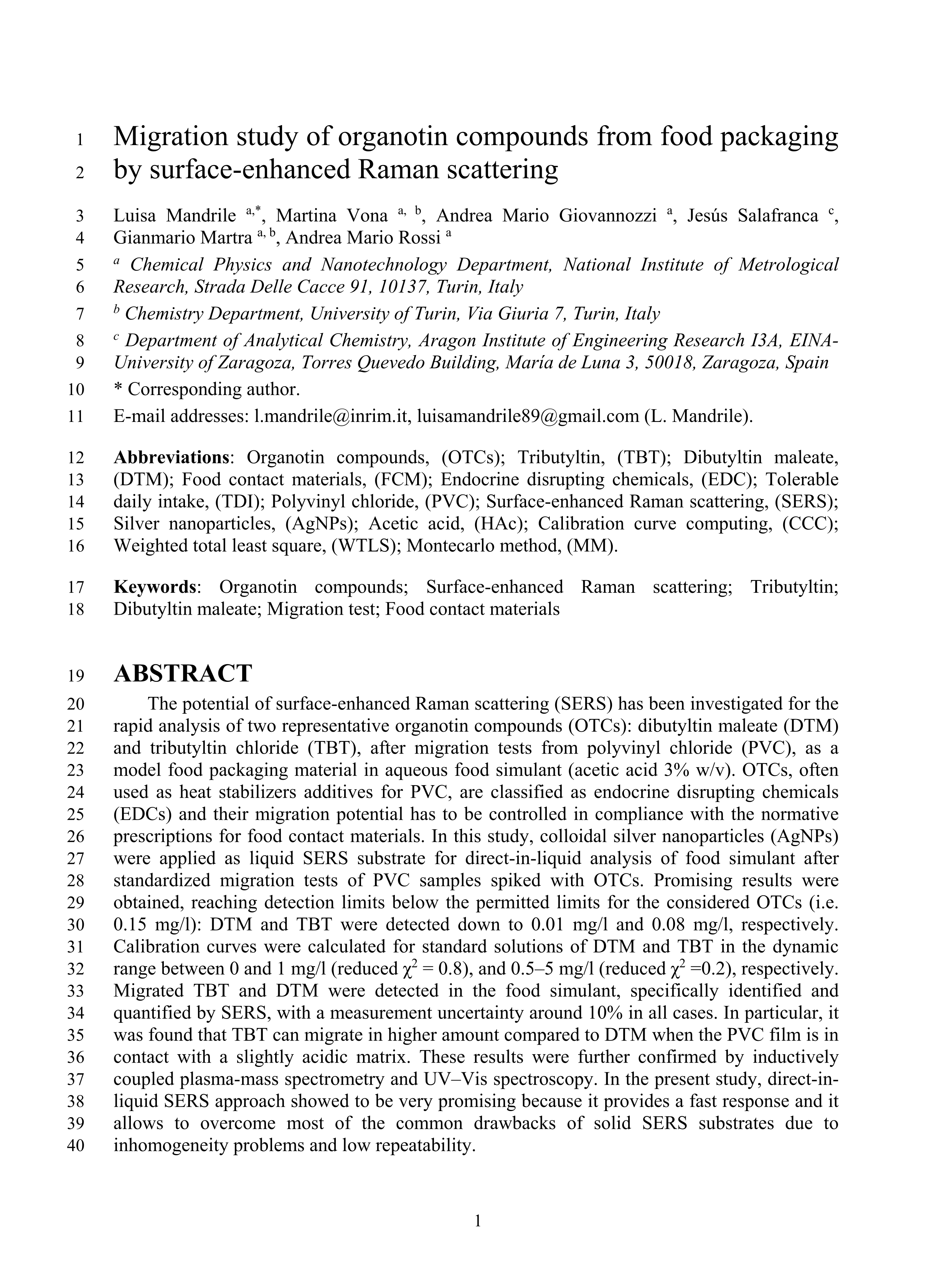 Migration study of organotin compounds from food packaging by surface-enhanced Raman scattering
