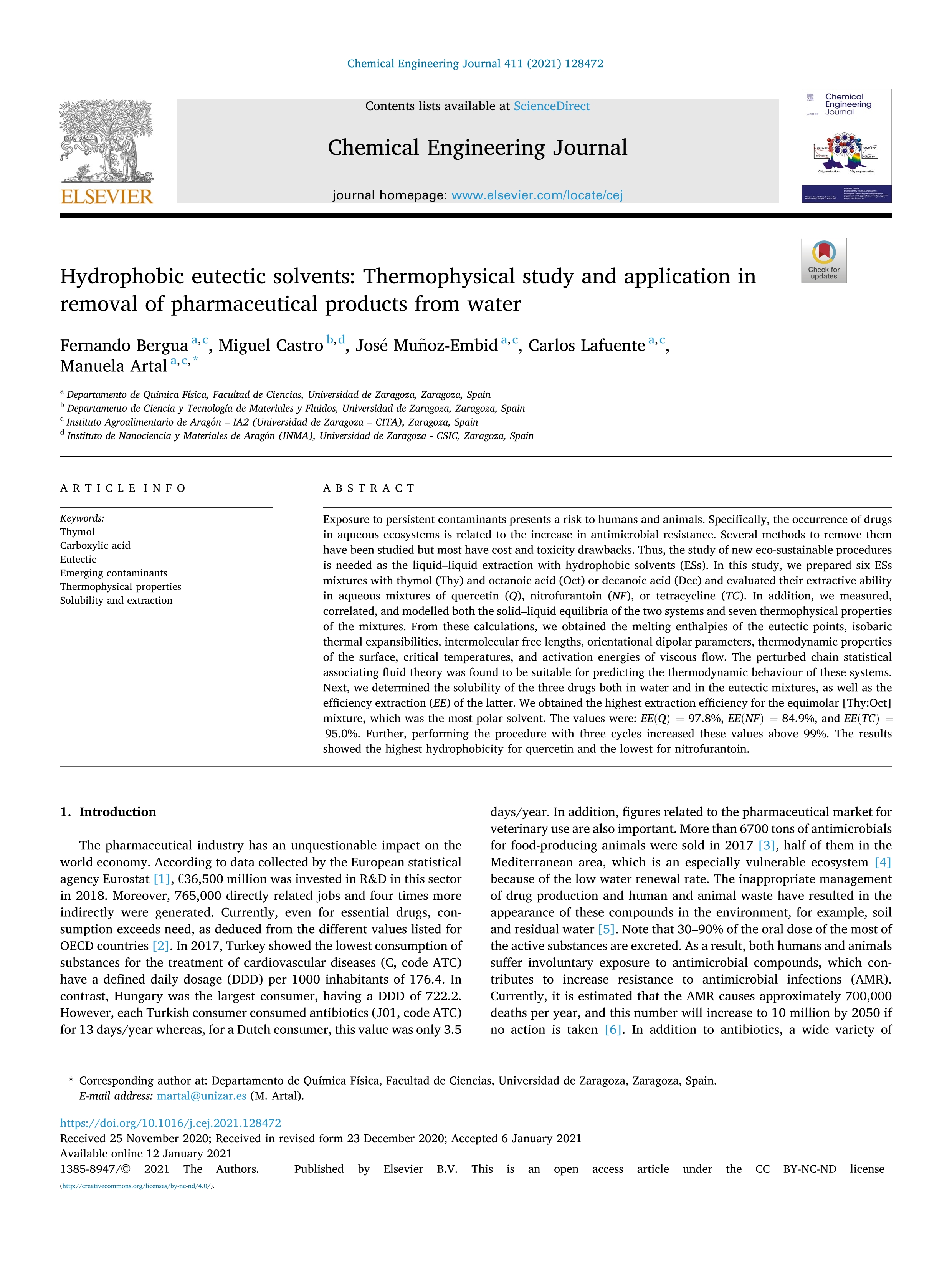 Hydrophobic eutectic solvents: Thermophysical study and application in removal of pharmaceutical products from water