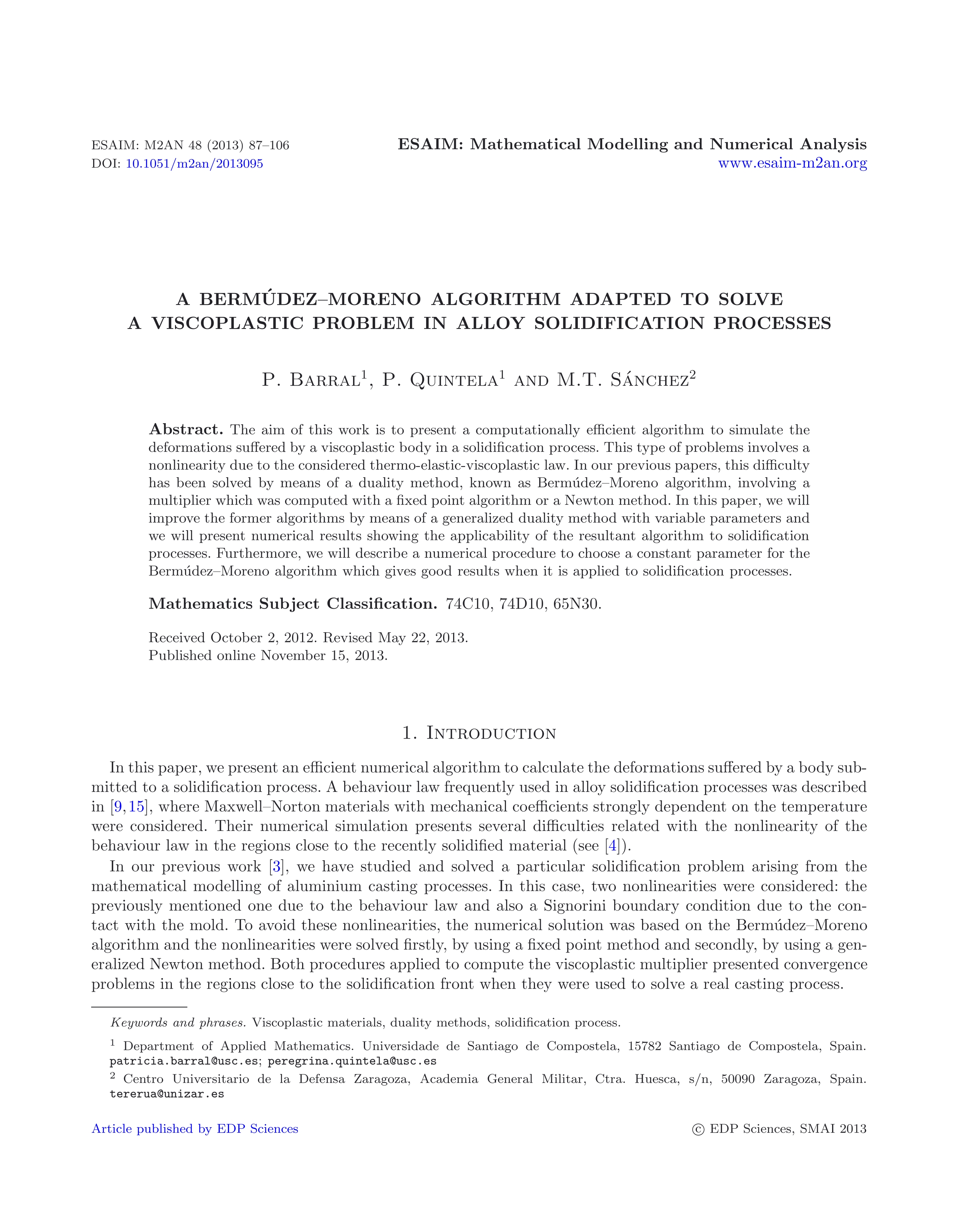 A Bermúdez–Moreno algorithm adapted to solve a viscoplastic problem in alloy solidification processes