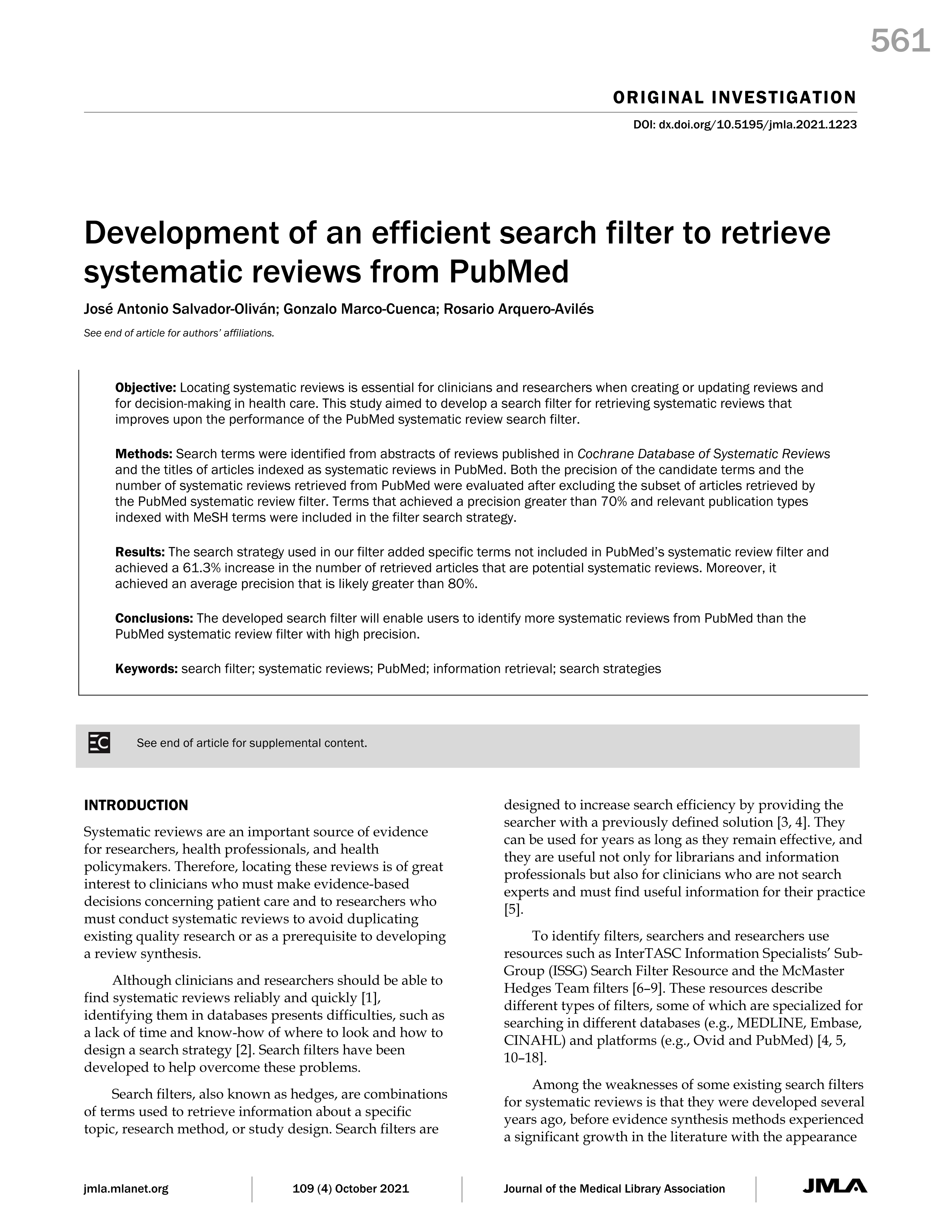 Development of an efficient search filter to retrieve systematic reviews from pubmed
