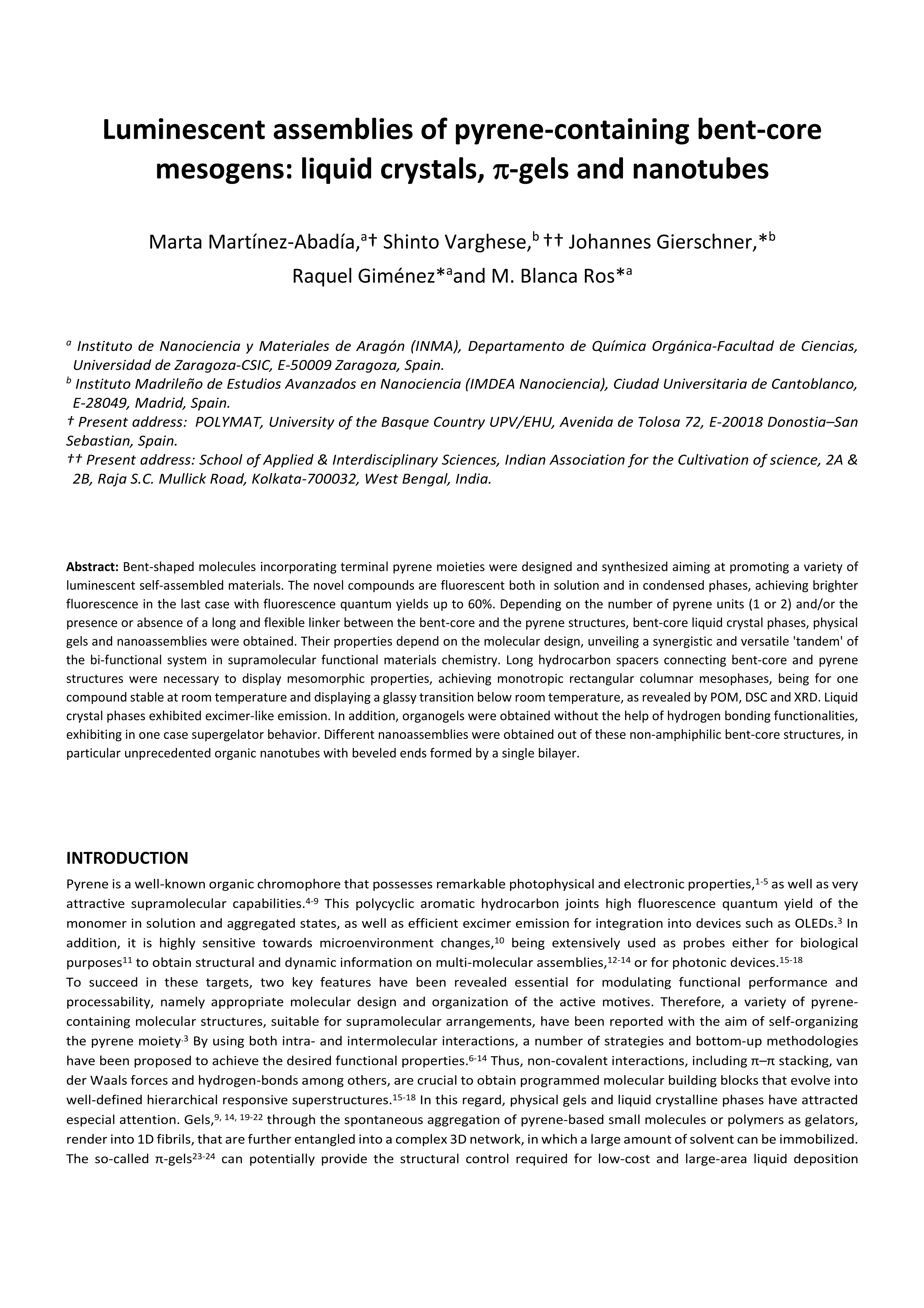 Luminescent assemblies of pyrene-containing bent-core mesogens: liquid crystals, p-gels and nanotubes