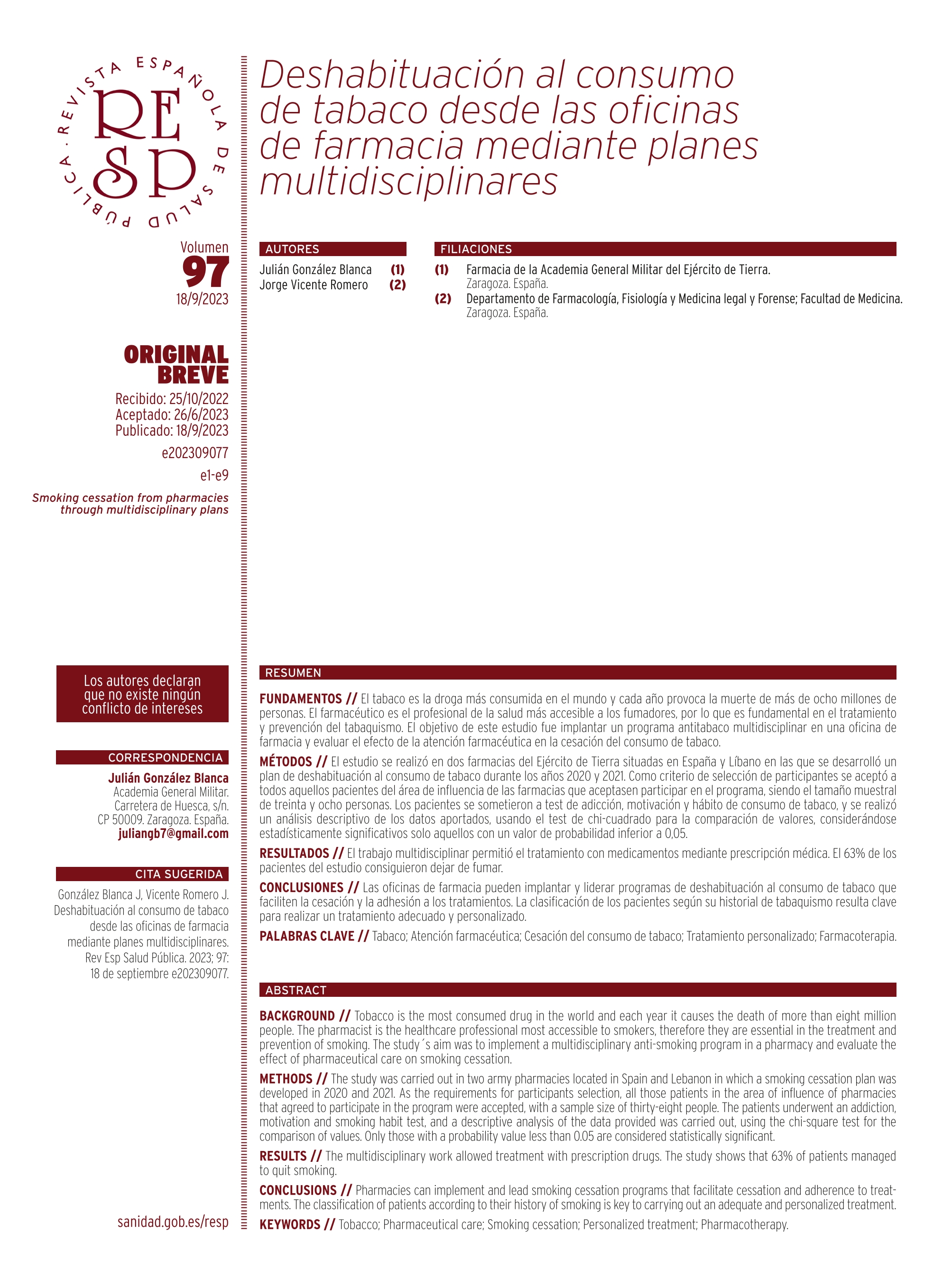 Deshabituación al consumo de tabaco desde las oficinas de farmacia mediante planes multidisciplinares