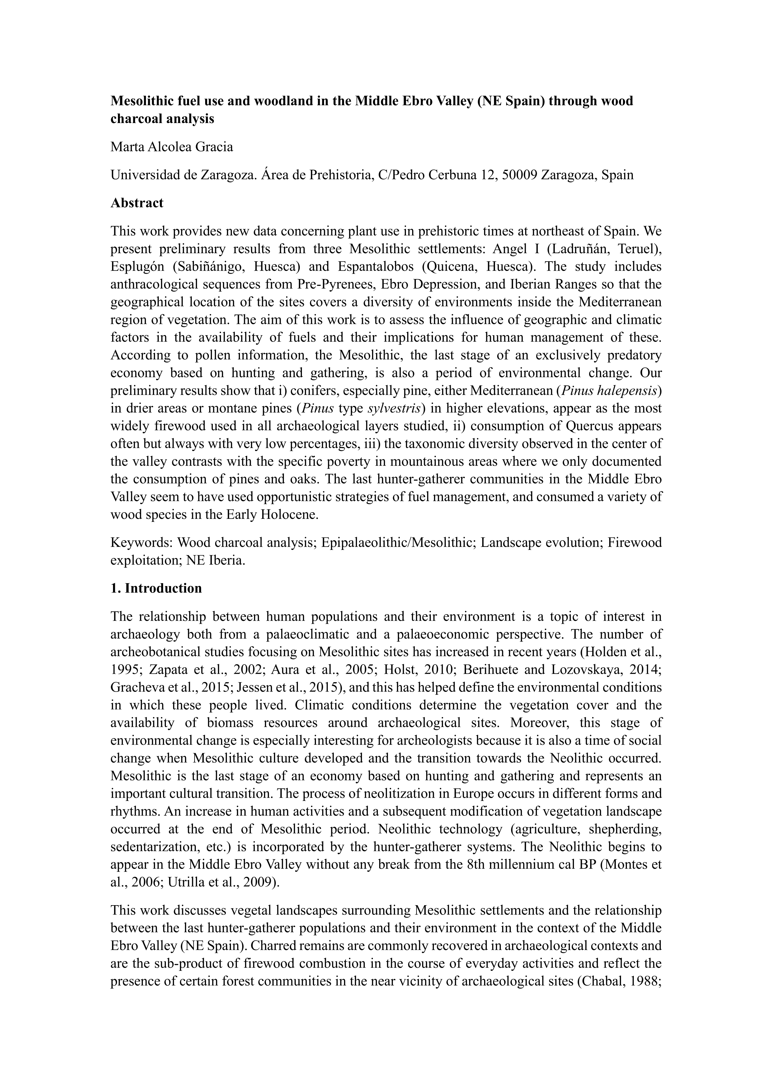 Mesolithic fuel use and woodland in the Middle Ebro Valley (NE Spain) through wood charcoal analysis