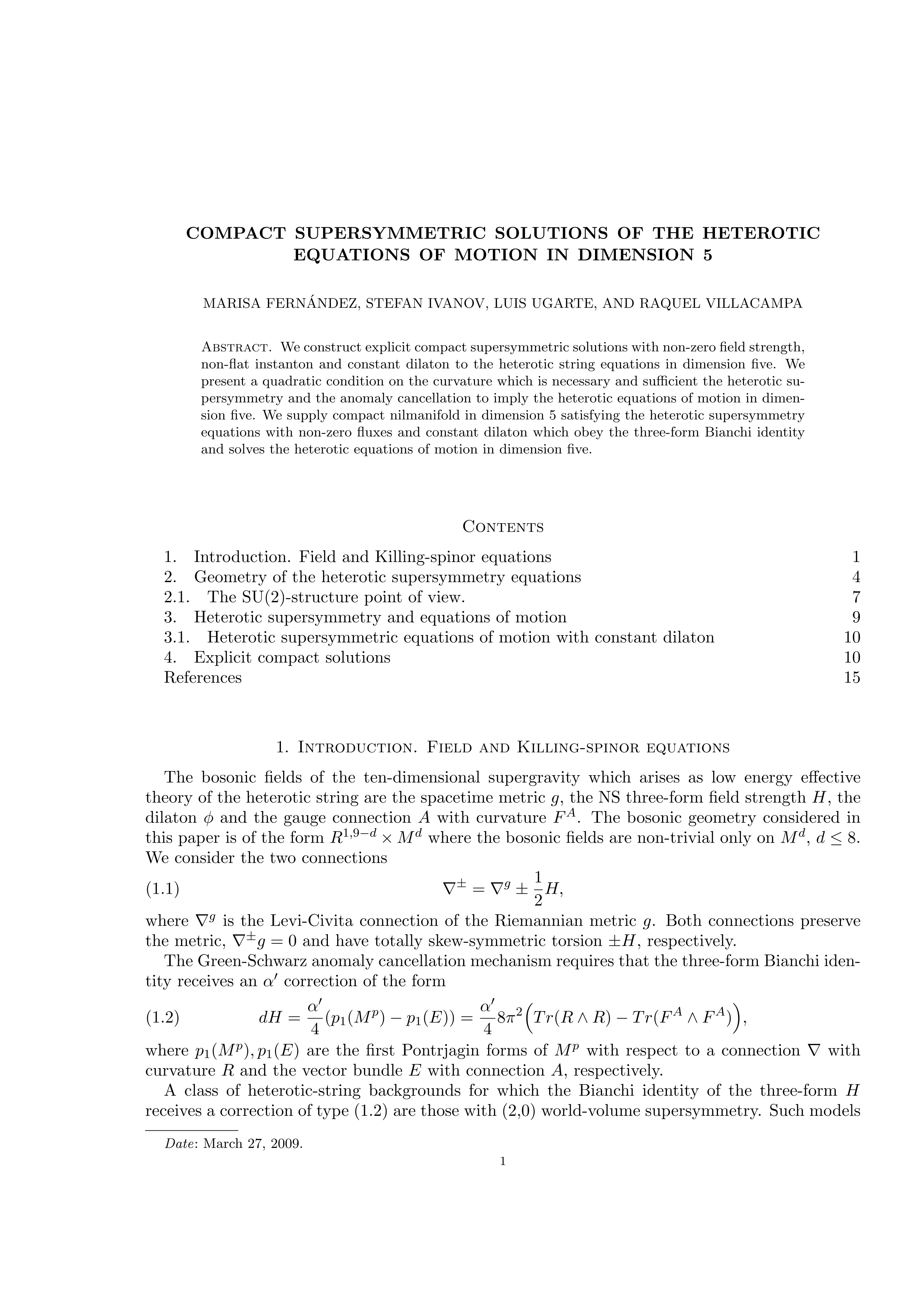 Compact Supersymmetric Solutions of the Heterotic Equations of Motion in Dimension 5