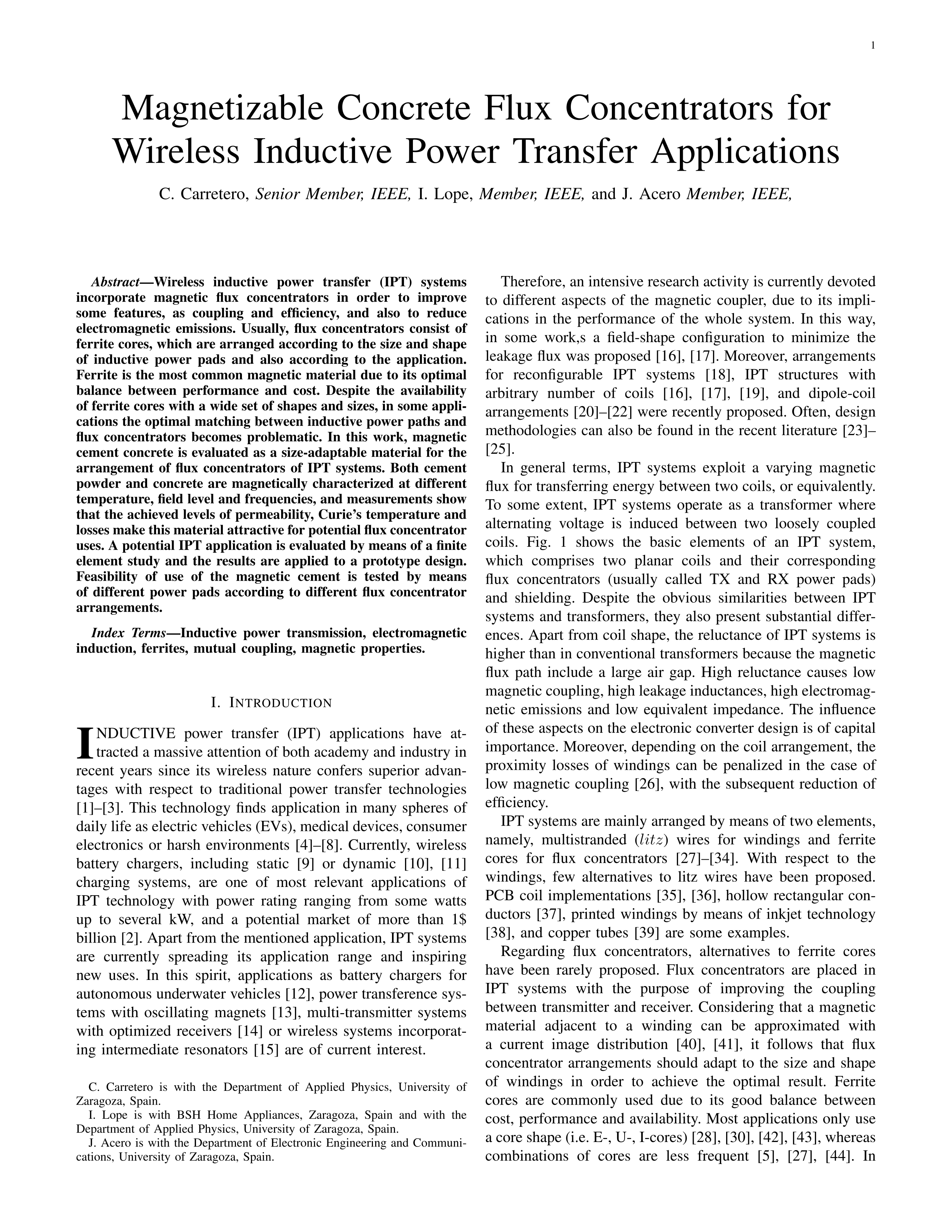 Magnetizable Concrete Flux Concentrators for Wireless Inductive Power Transfer Applications