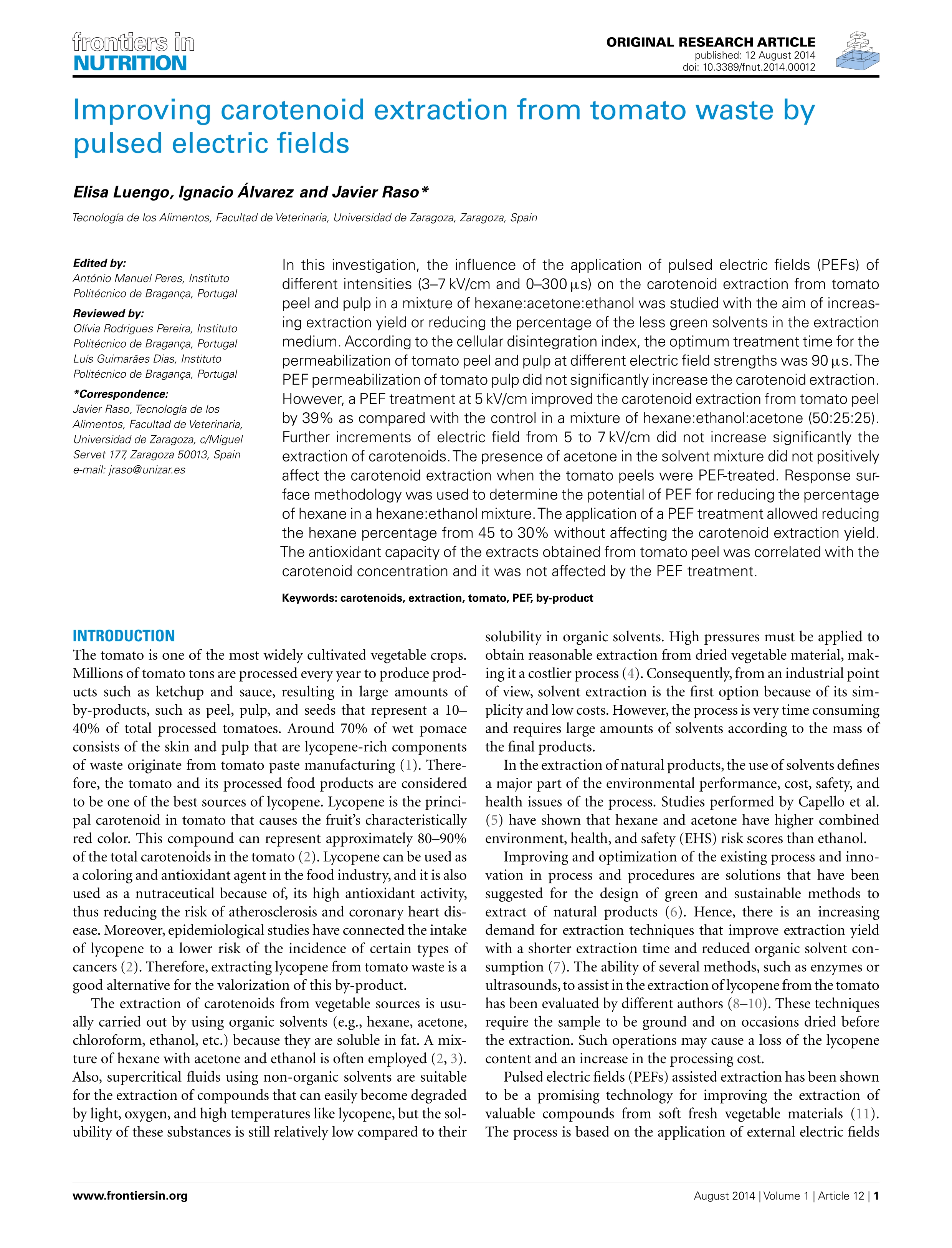 Improving Carotenoid Extraction from Tomato Waste by Pulsed Electric Fields