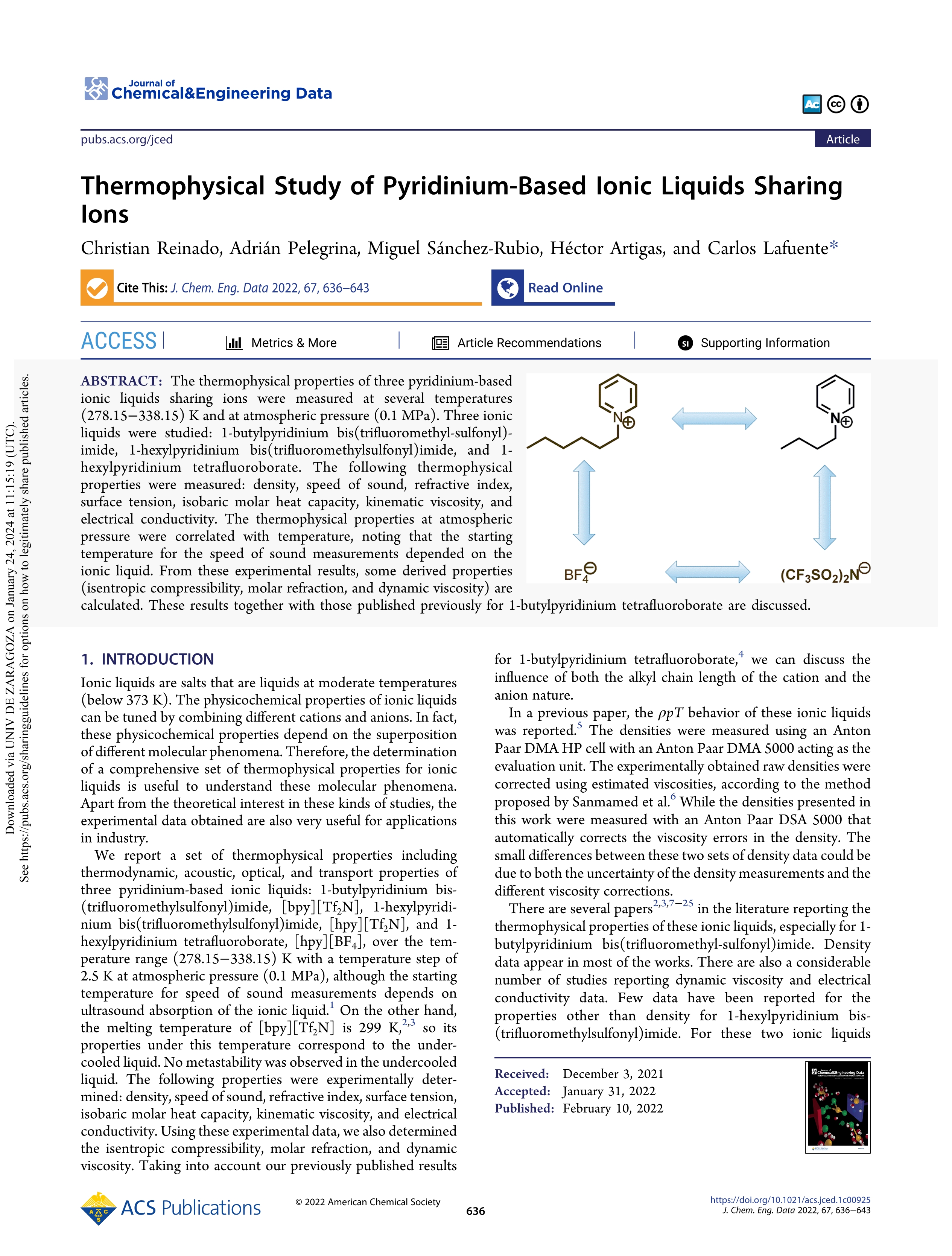 Thermophysical Study of Pyridinium-Based Ionic Liquids Sharing Ions