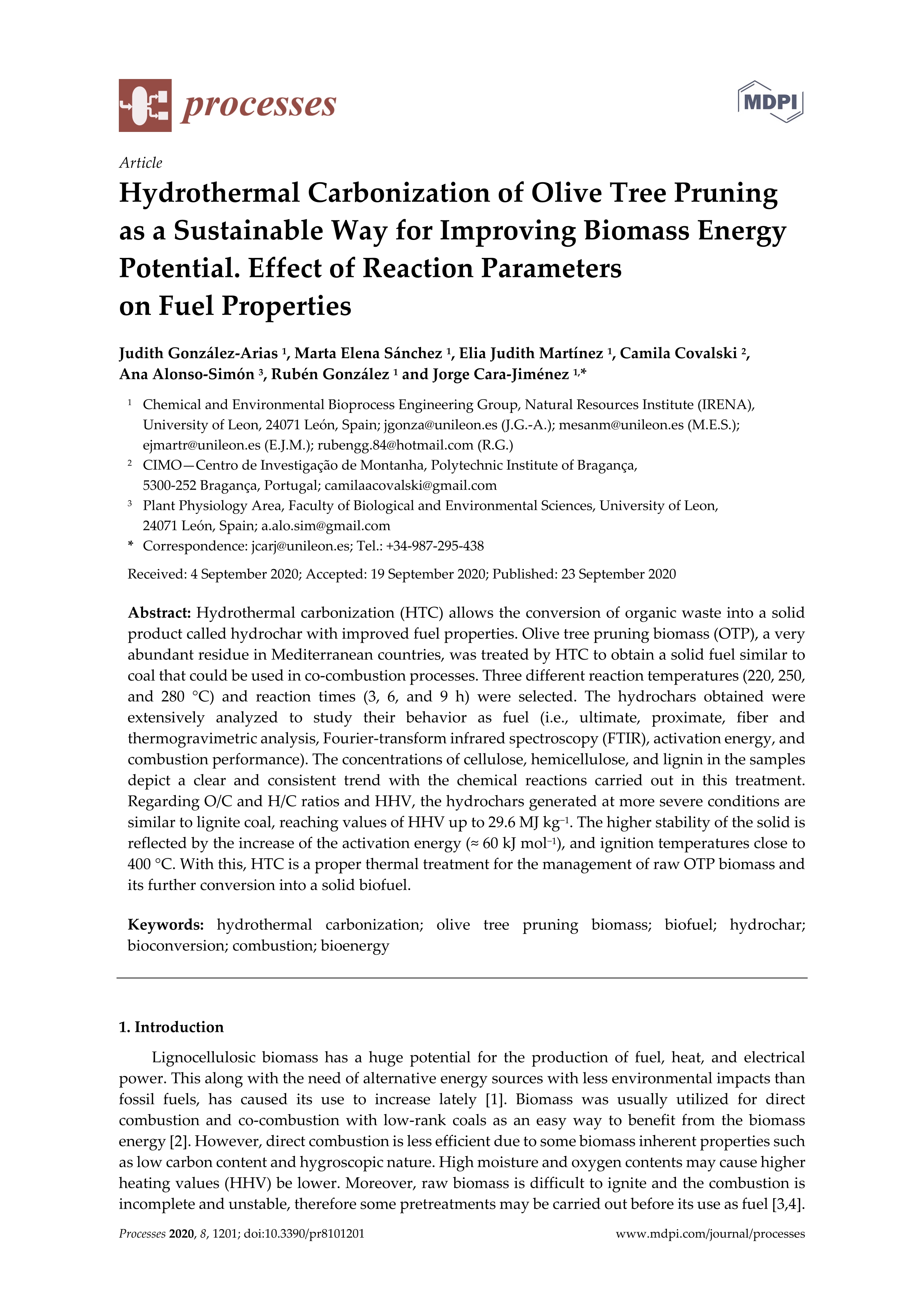Hydrothermal Carbonization of Olive Tree Pruning as a Sustainable Way for Improving Biomass Energy Potential: Effect of Reaction Parameters on Fuel Properties