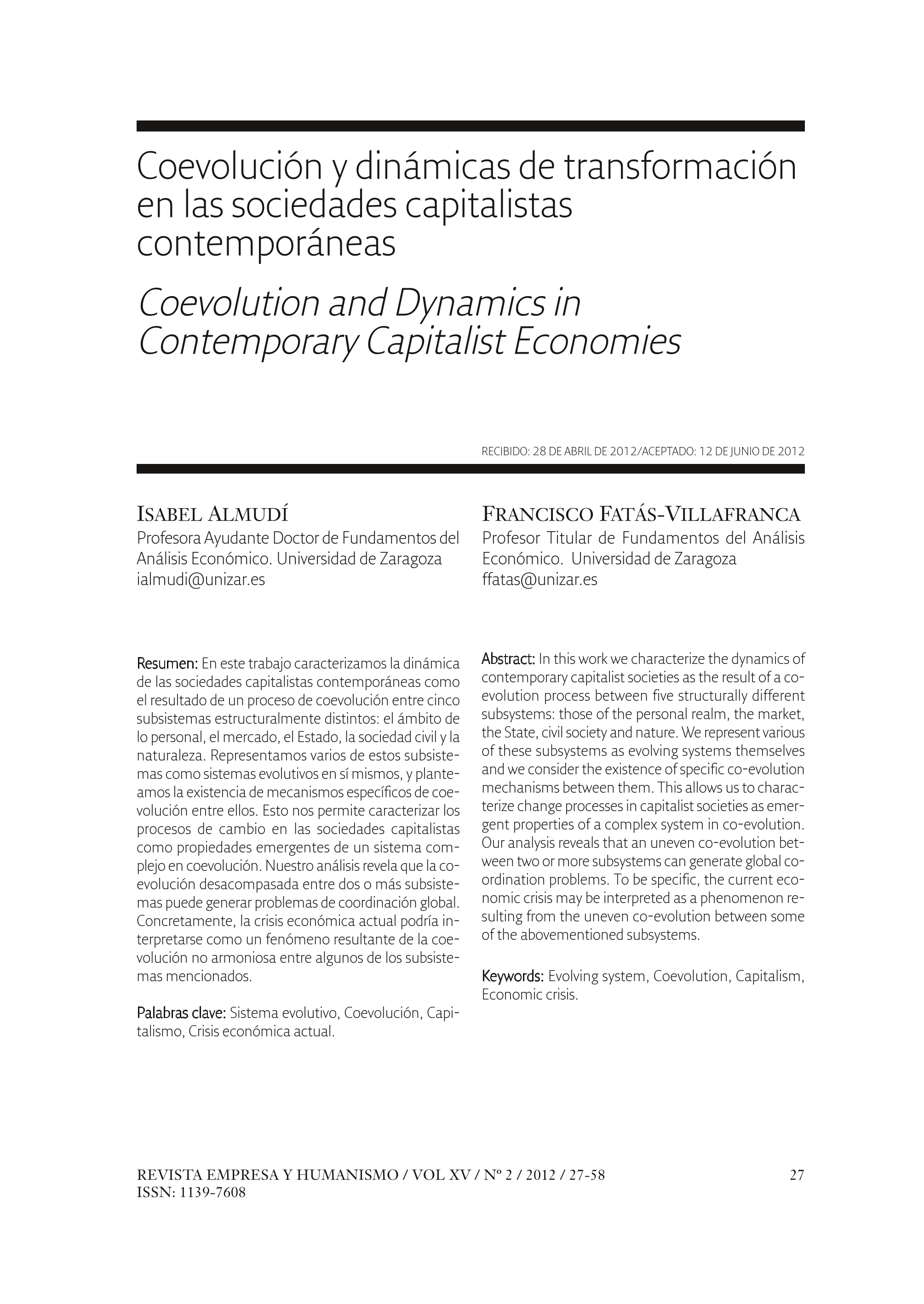 Coevolucion y dinamicas de transformacion en las sociedades capitalistas contemporáneas
