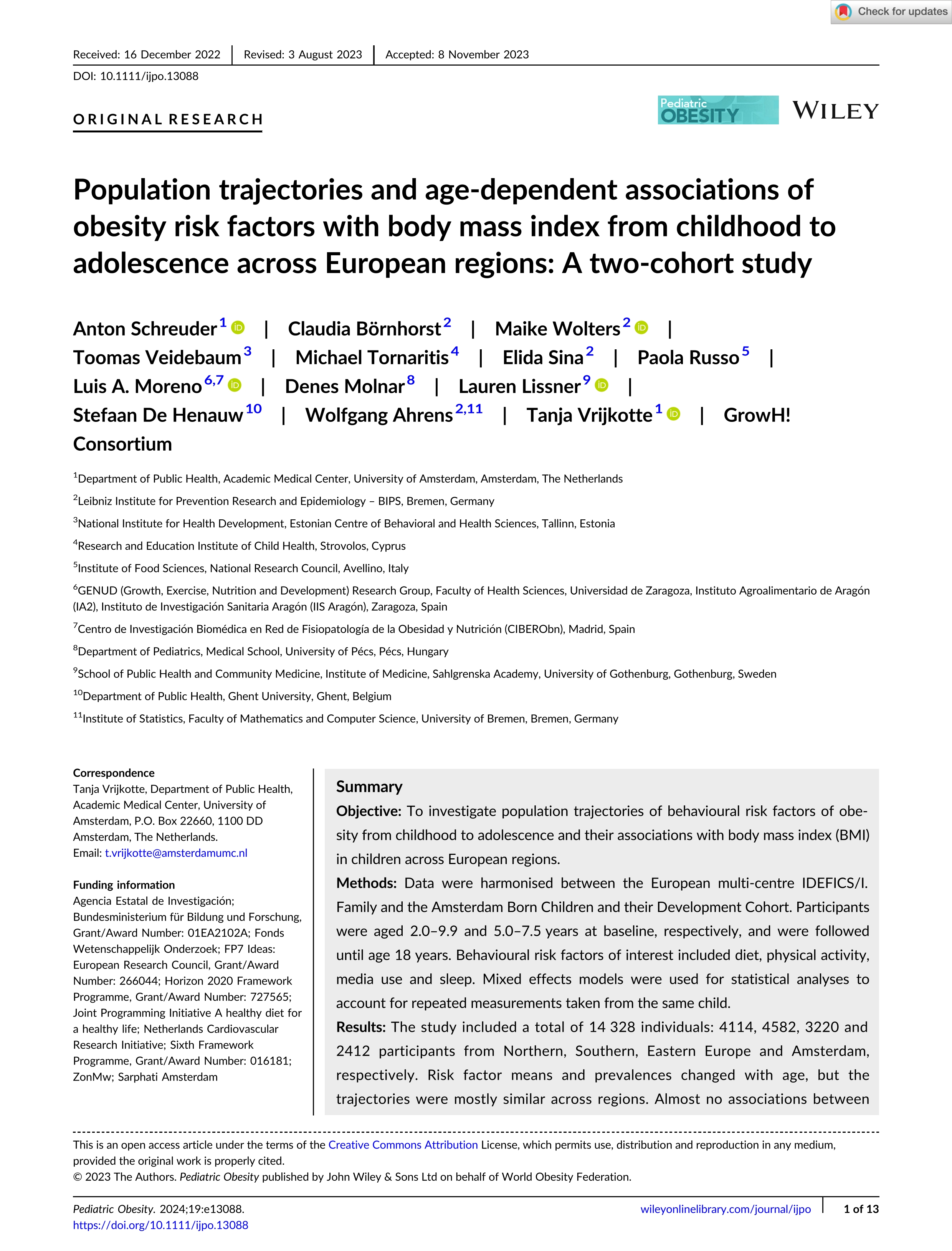 Population trajectories and age-dependent associations of obesity risk factors with body mass index from childhood to adolescence across European regions: A two-cohort study