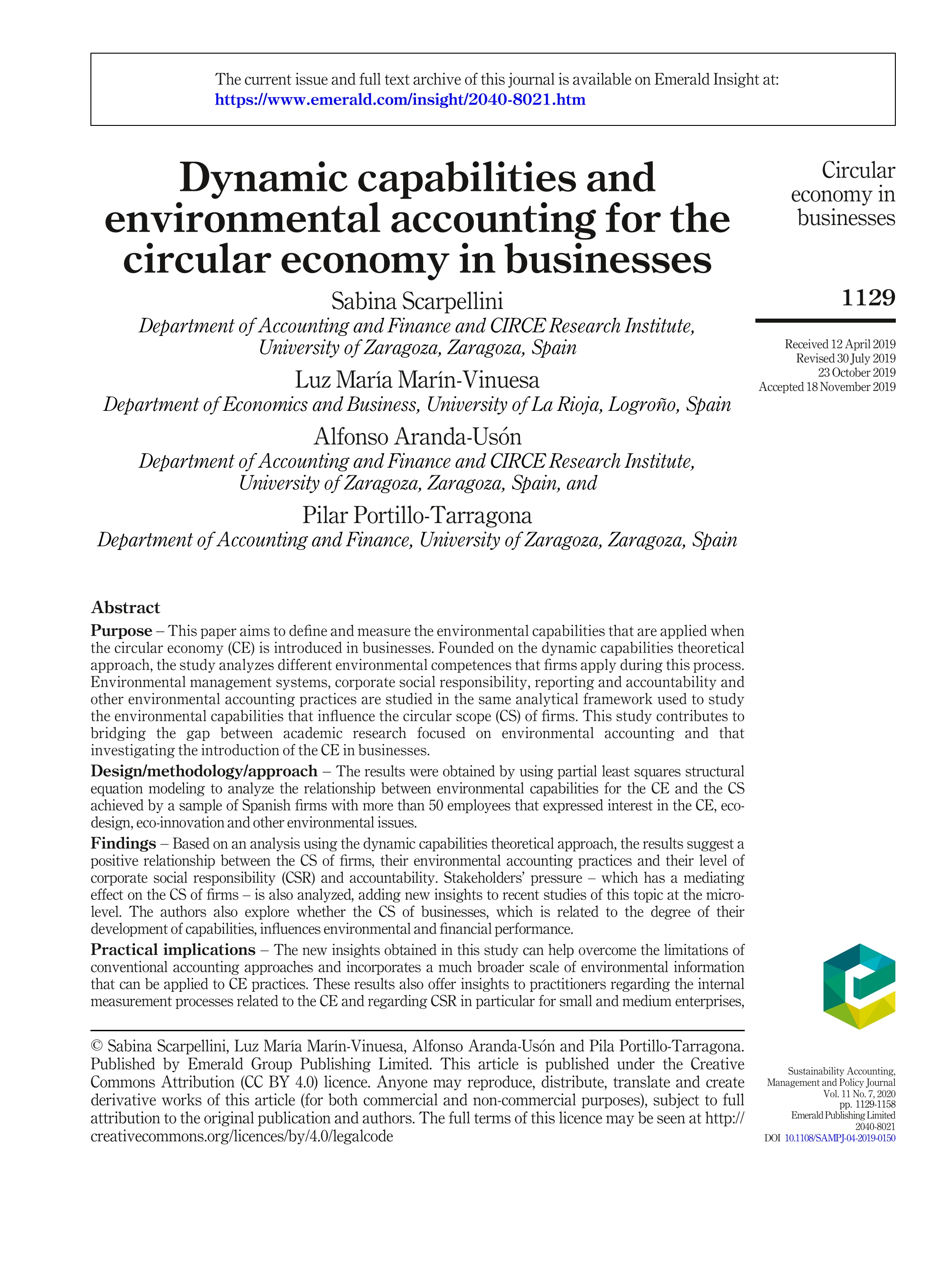 Dynamic capabilities and environmental accounting for the circular economy in businesses