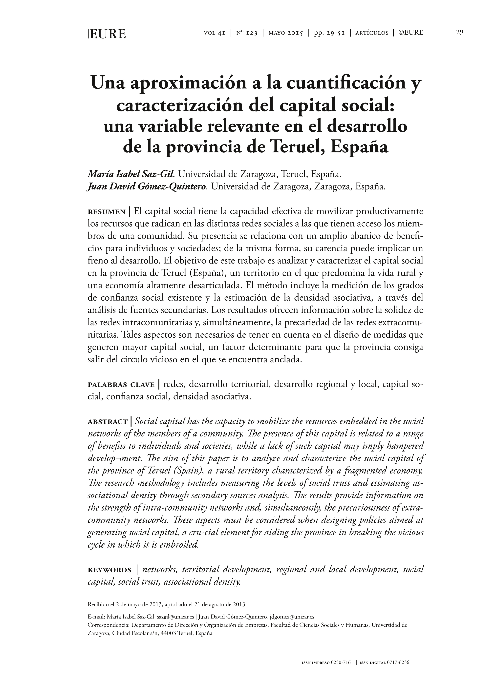 Una aproximación a la cuantificación y caracterización del capital social: Una variable relevante en el desarrollo de la provincia de Teruel, España