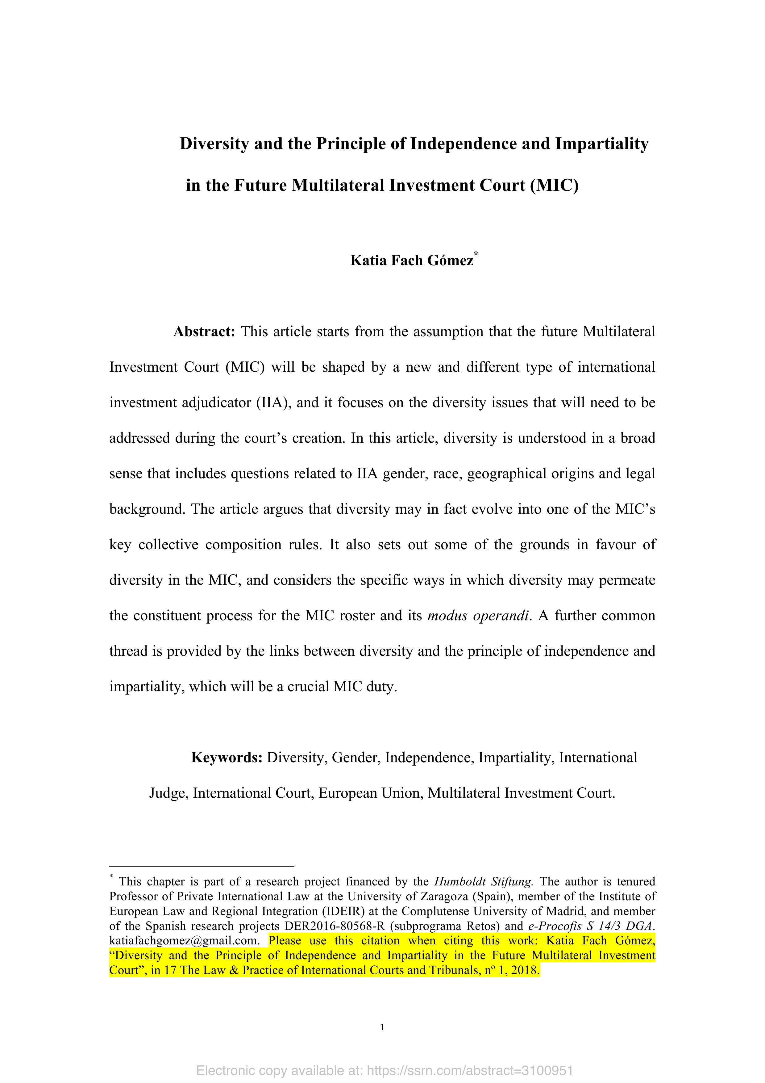 Diversity and the principle of independence and impartiality in the future multilateral investment court