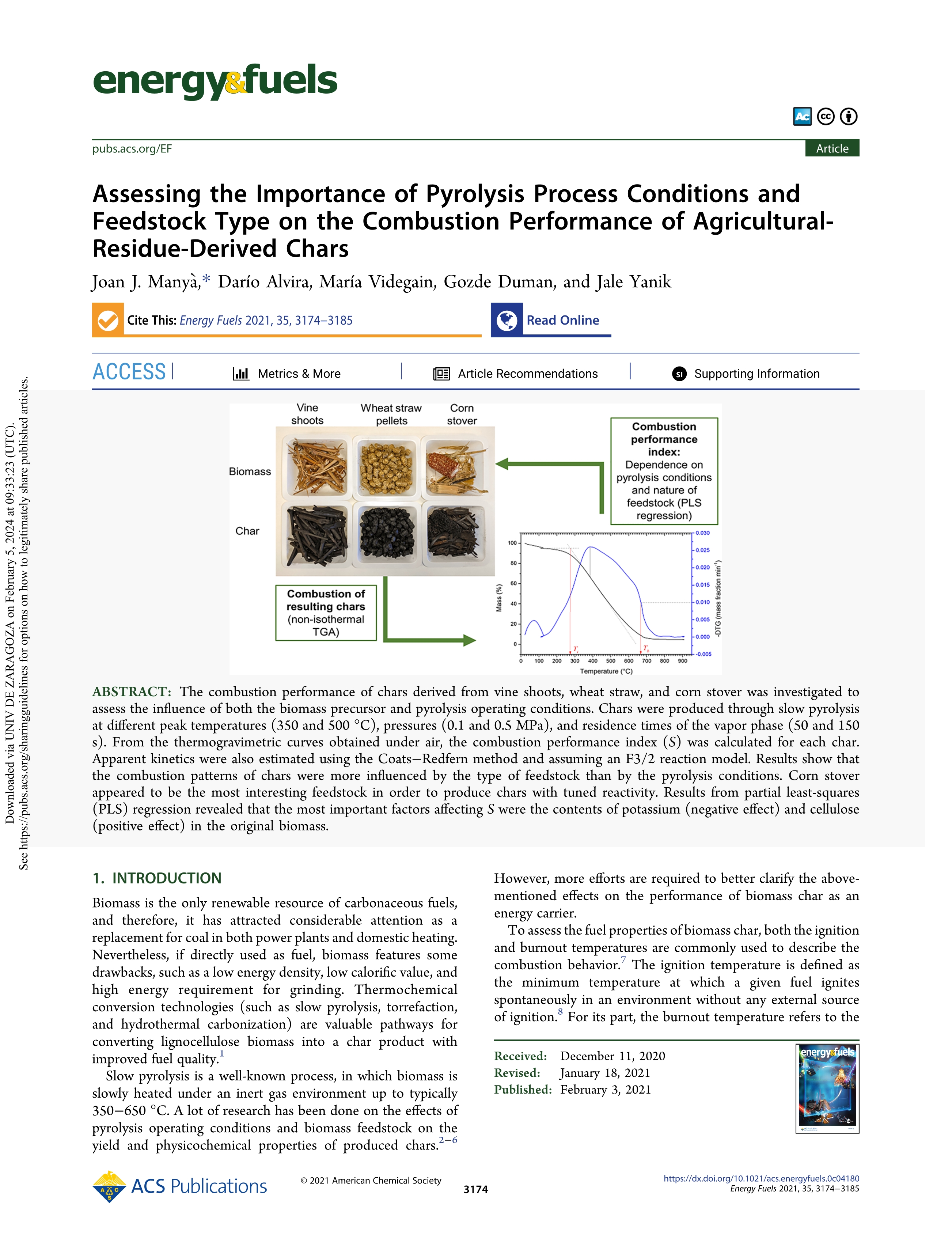 Assessing the Importance of Pyrolysis Process Conditions and Feedstock Type on the Combustion Performance of Agricultural-Residue-Derived Chars