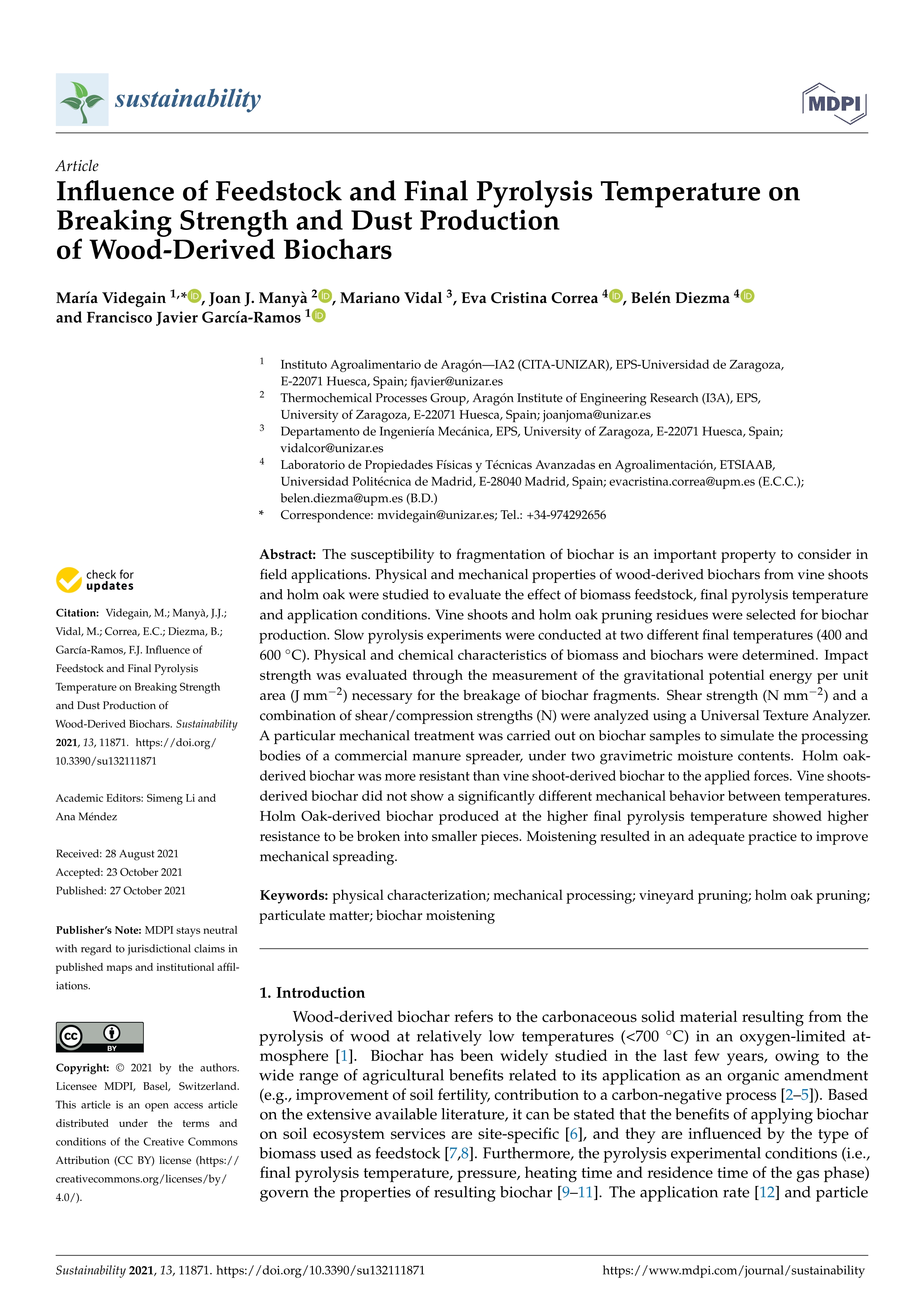 Influence of feedstock and final pyrolysis temperature on breaking strength and dust production of wood-derived biochars