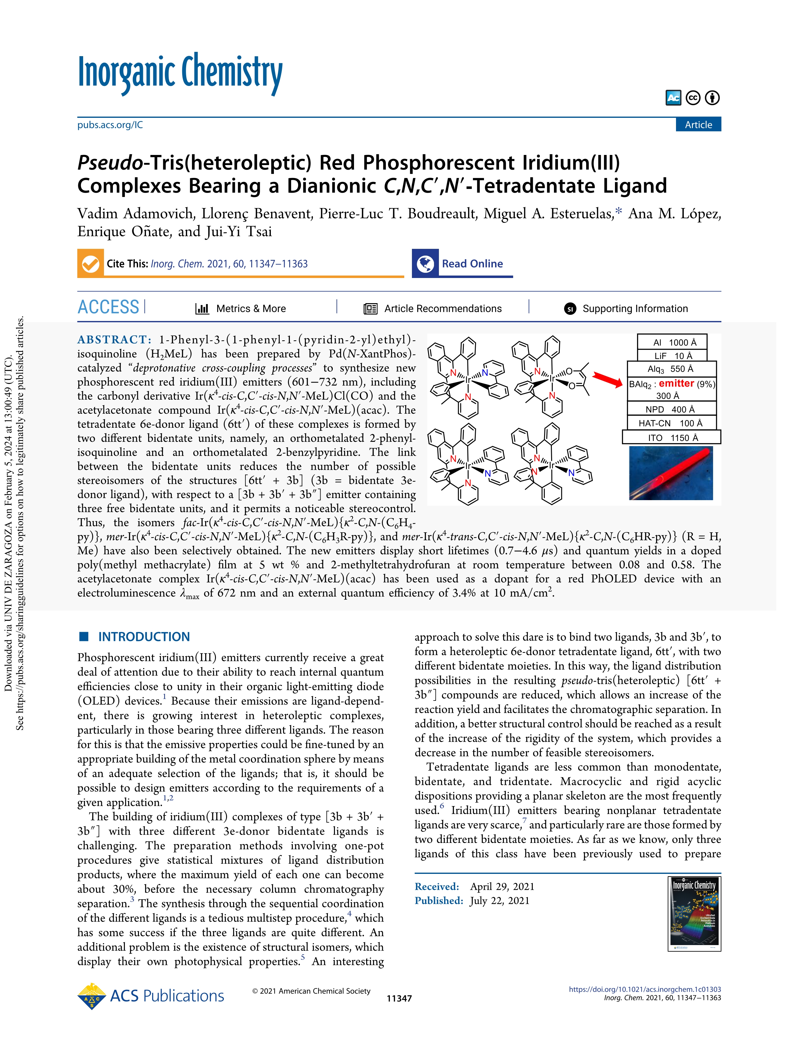 Pseudo-Tris(heteroleptic) Red Phosphorescent Iridium(III) Complexes Bearing a Dianionic C, N, C', N'-Tetradentate Ligand