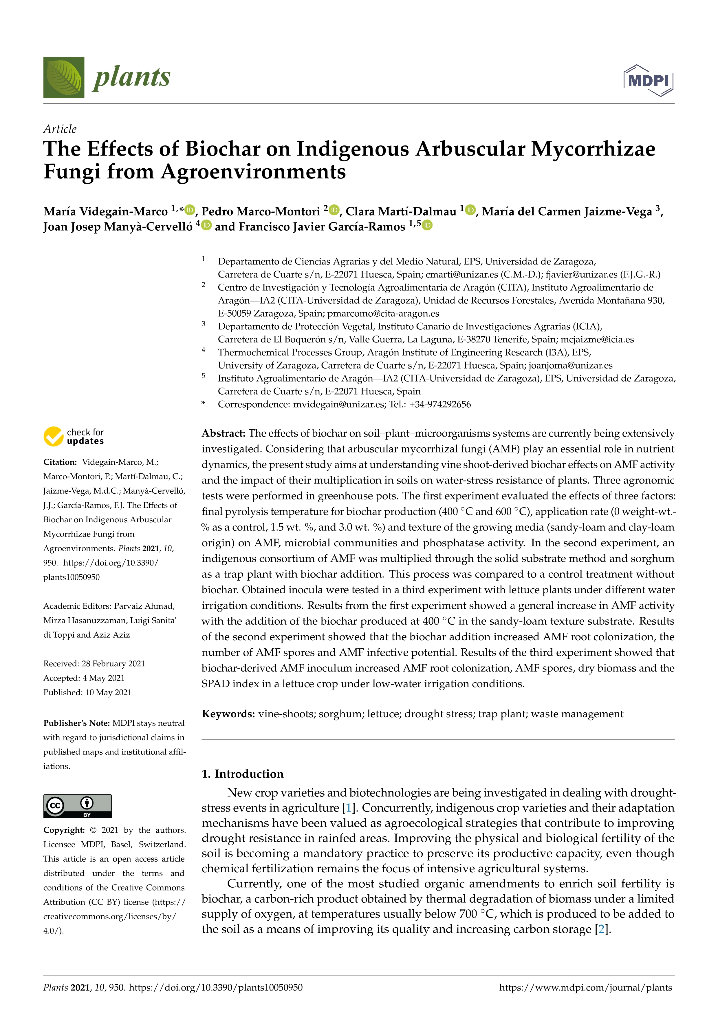 The effects of biochar on indigenous arbuscular mycorrhizae fungi from agroenvironments