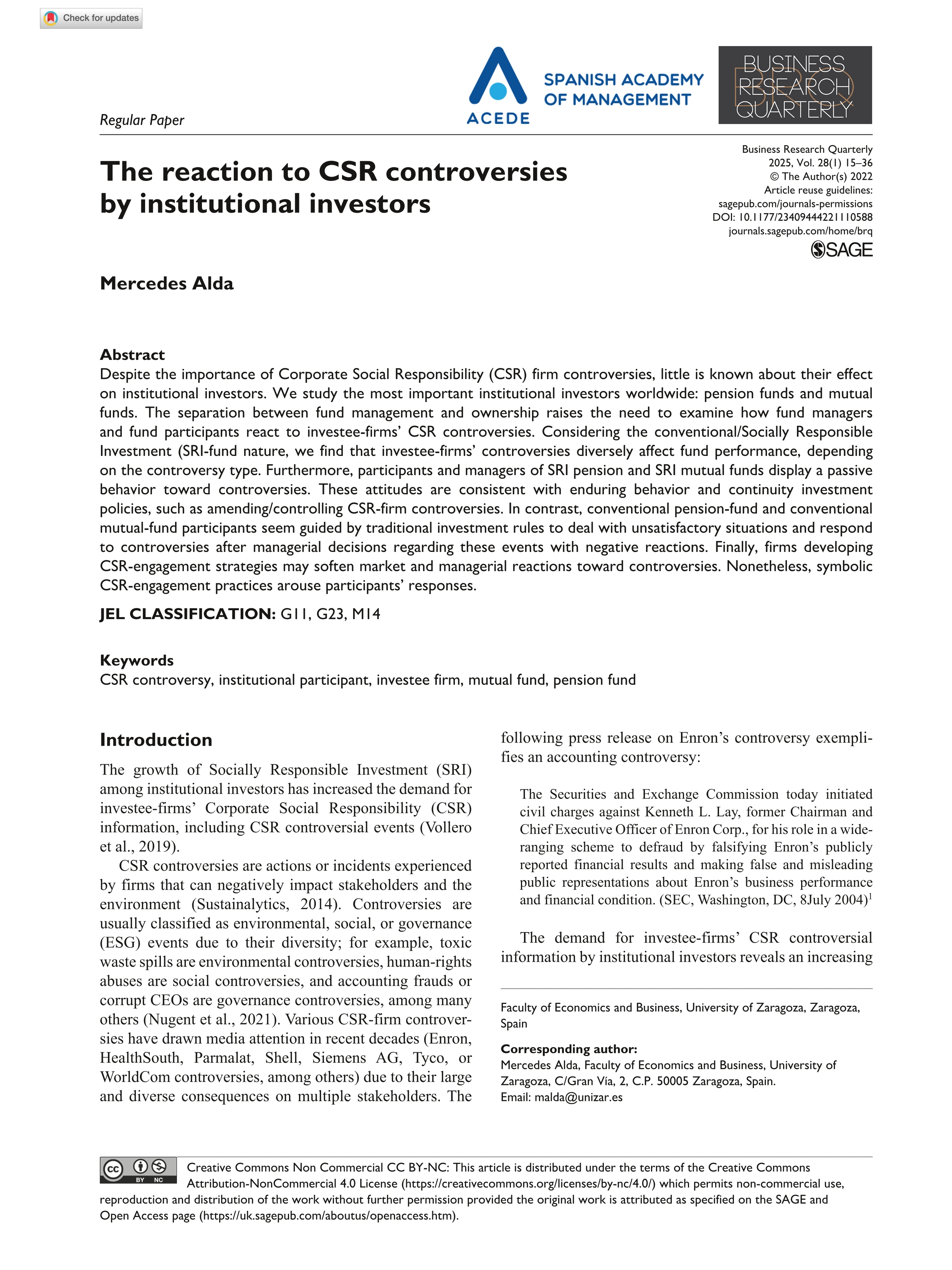 The reaction to CSR controversies by institutional investors