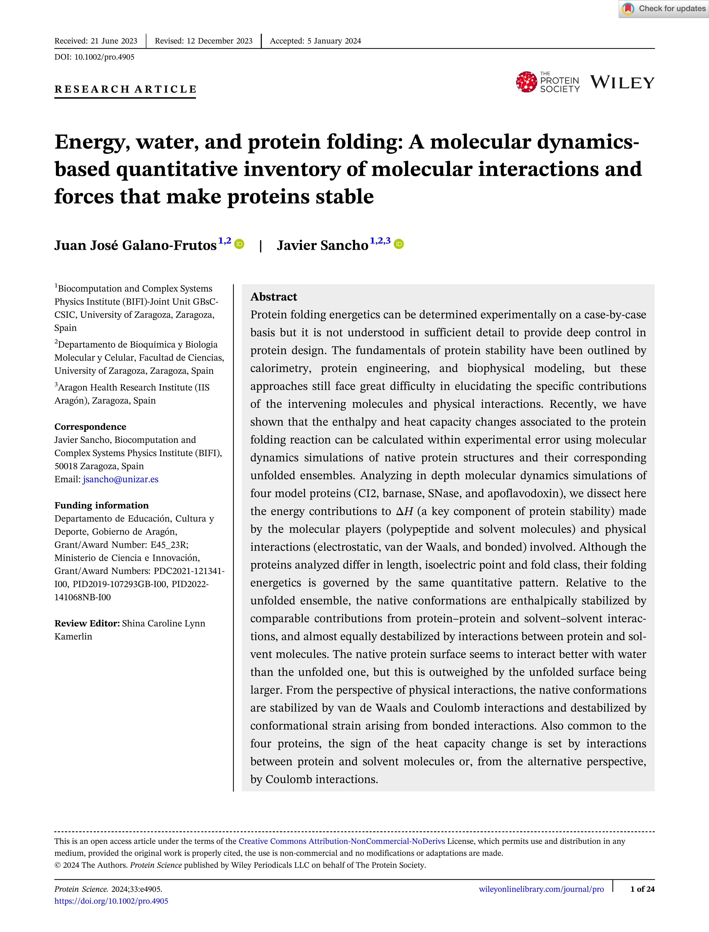 Energy, water, and protein folding: A molecular dynamics-based quantitative inventory of molecular interactions and forces that make proteins stable