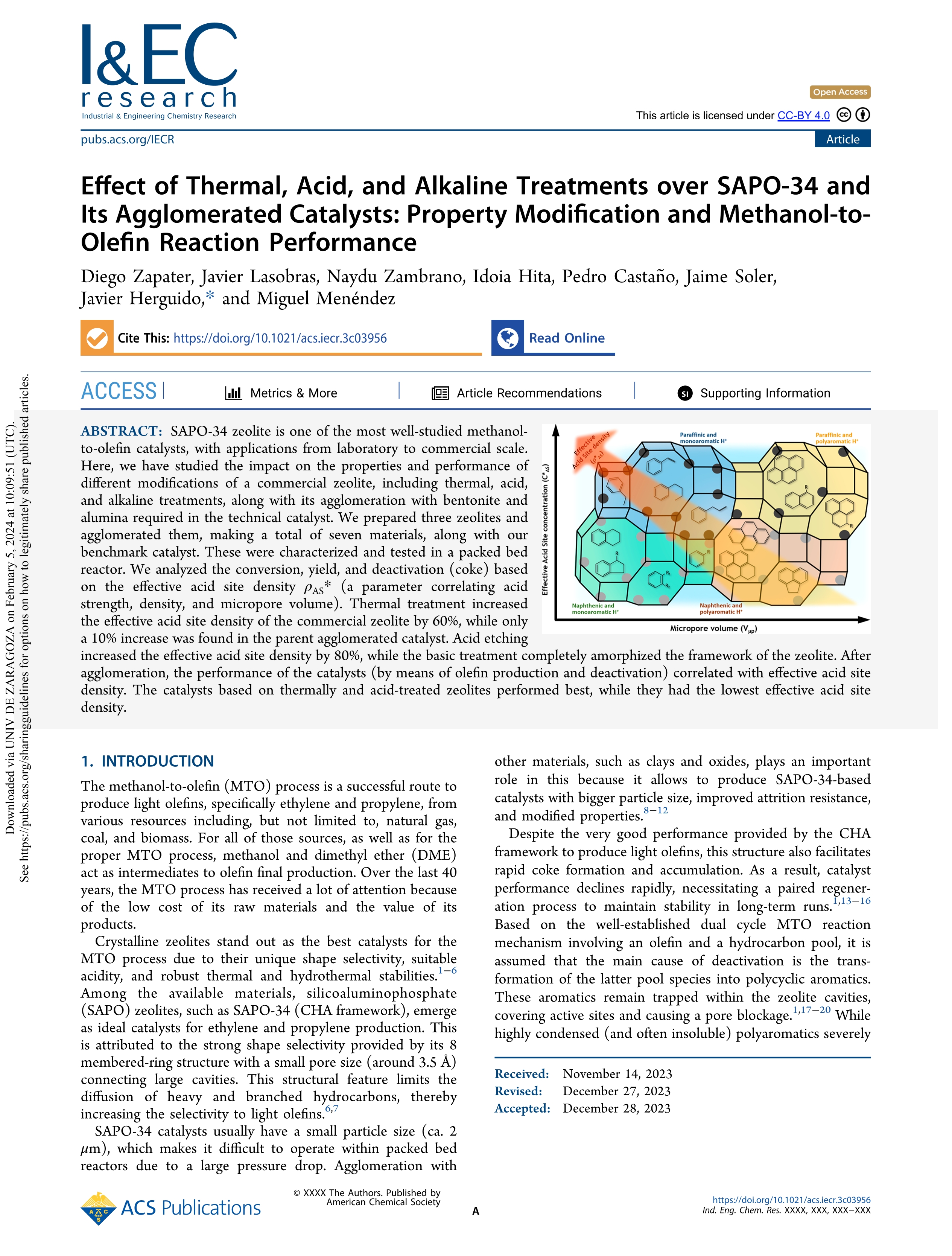 Effect of Thermal, Acid, and Alkaline Treatments over SAPO-34 and Its Agglomerated Catalysts: Property Modification and Methanol-to-Olefin Reaction Performance