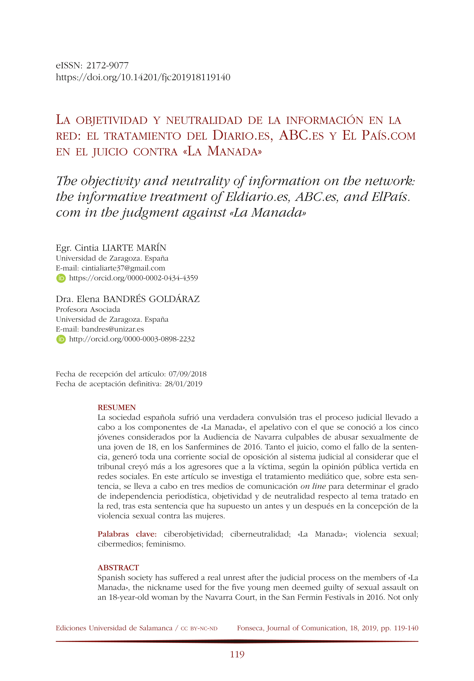 La objetividad y neutralidad de la información en la red: el tratamiento del Diario.es, ABC.es y El País.com en el juicio contra «la manada»