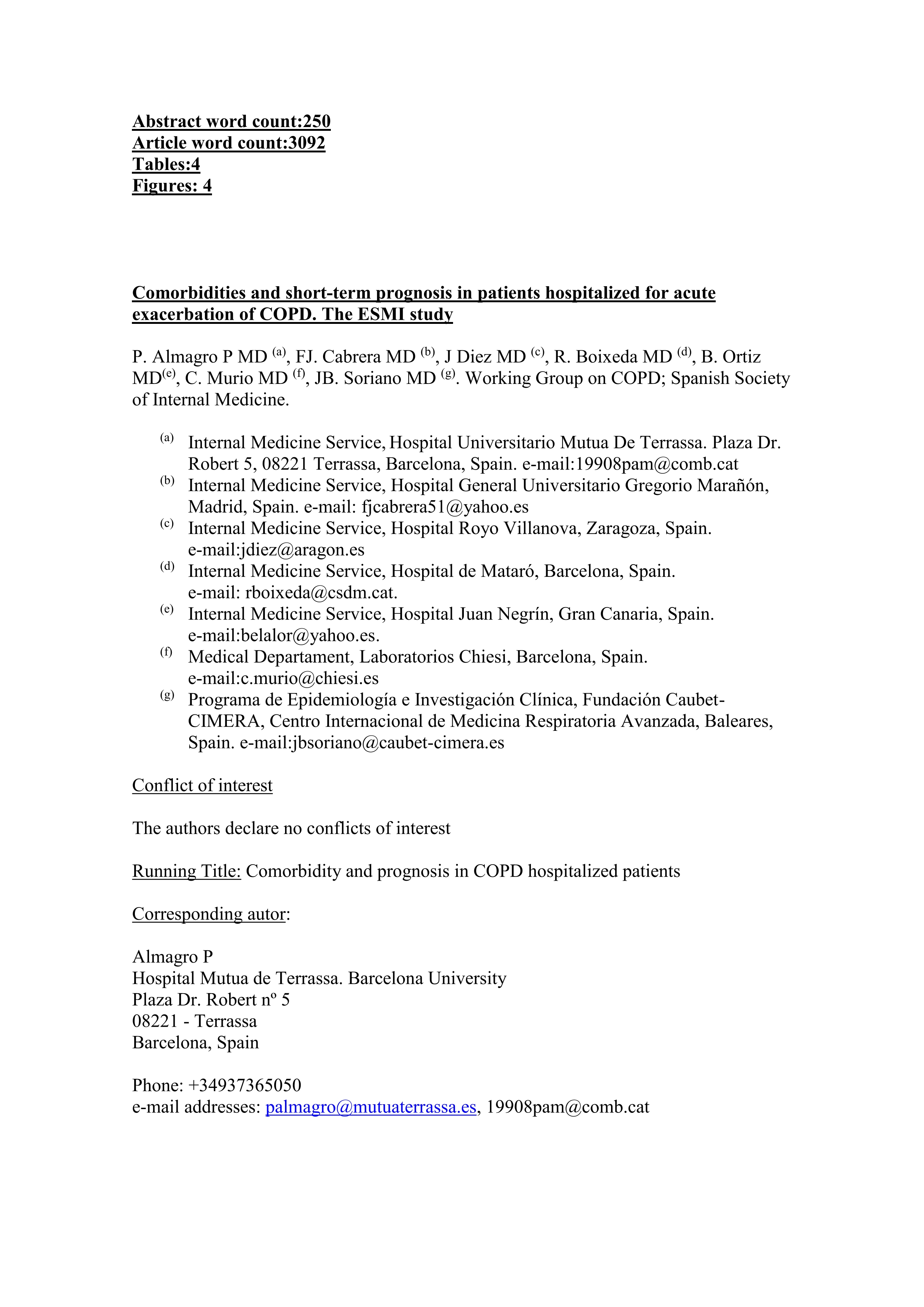 Comorbidities and short-term prognosis in patients hospitalized for acute exacerbation of COPD: The EPOC en Servicios de Medicina Interna (ESMI) Study