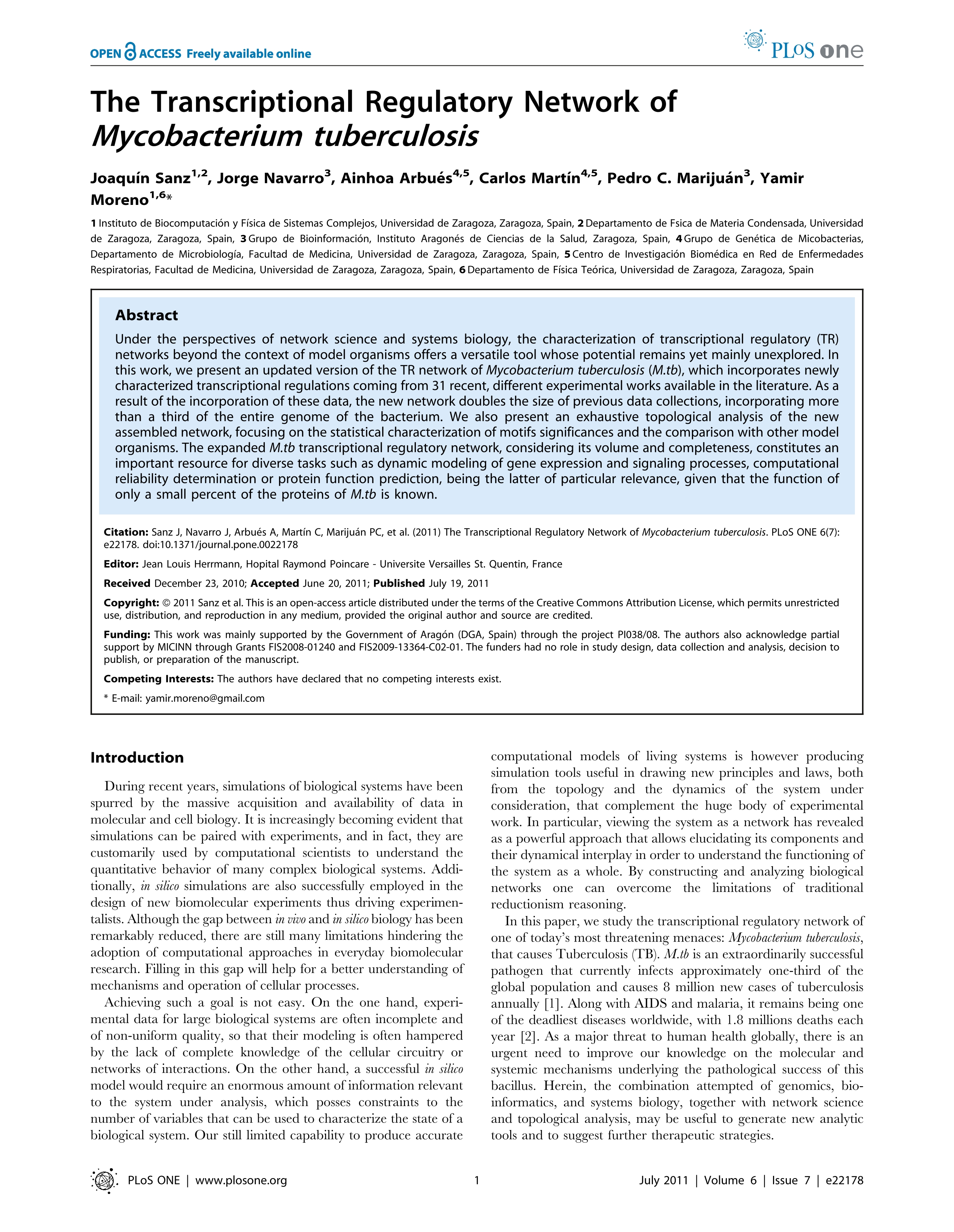 The transcriptional regulatory network of mycobacterium tuberculosis