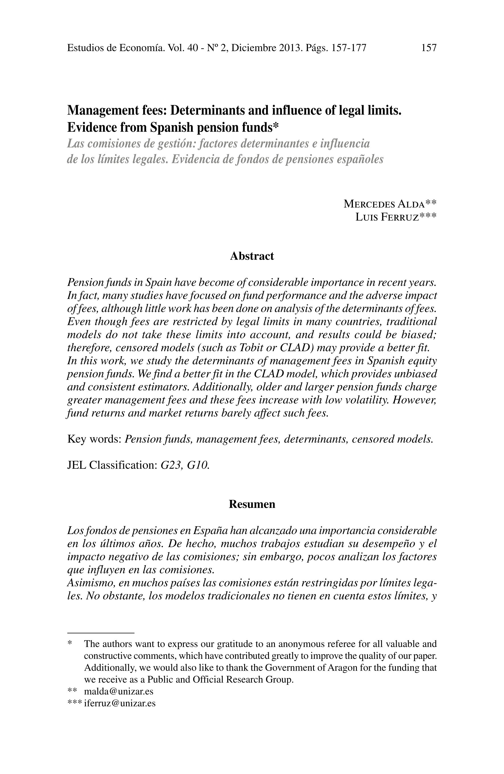 Management fees: determinants and influence of legal limits. Evidence from Spanish pension funds