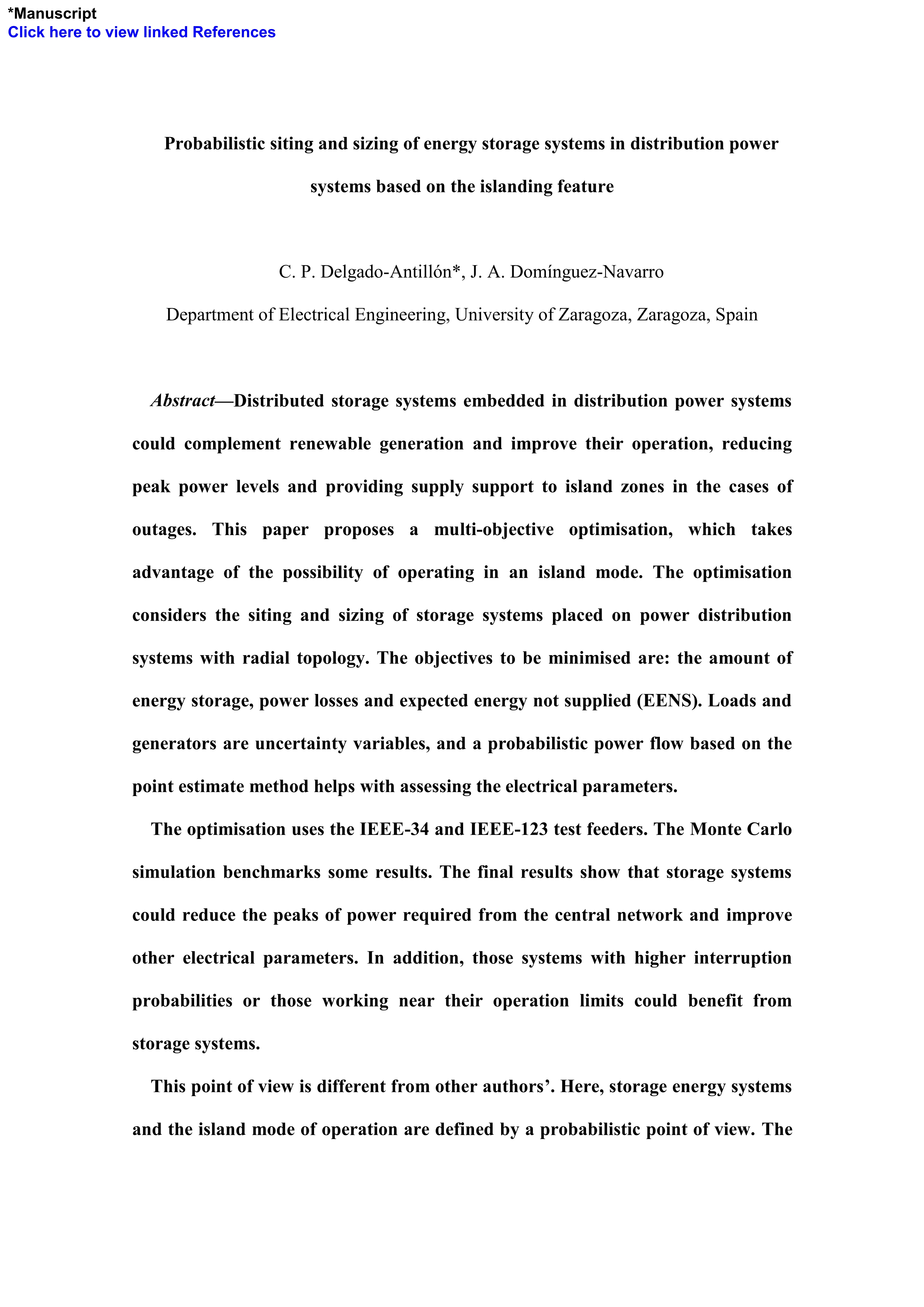 Probabilistic siting and sizing of energy storage systems in distribution power systems based on the islanding feature