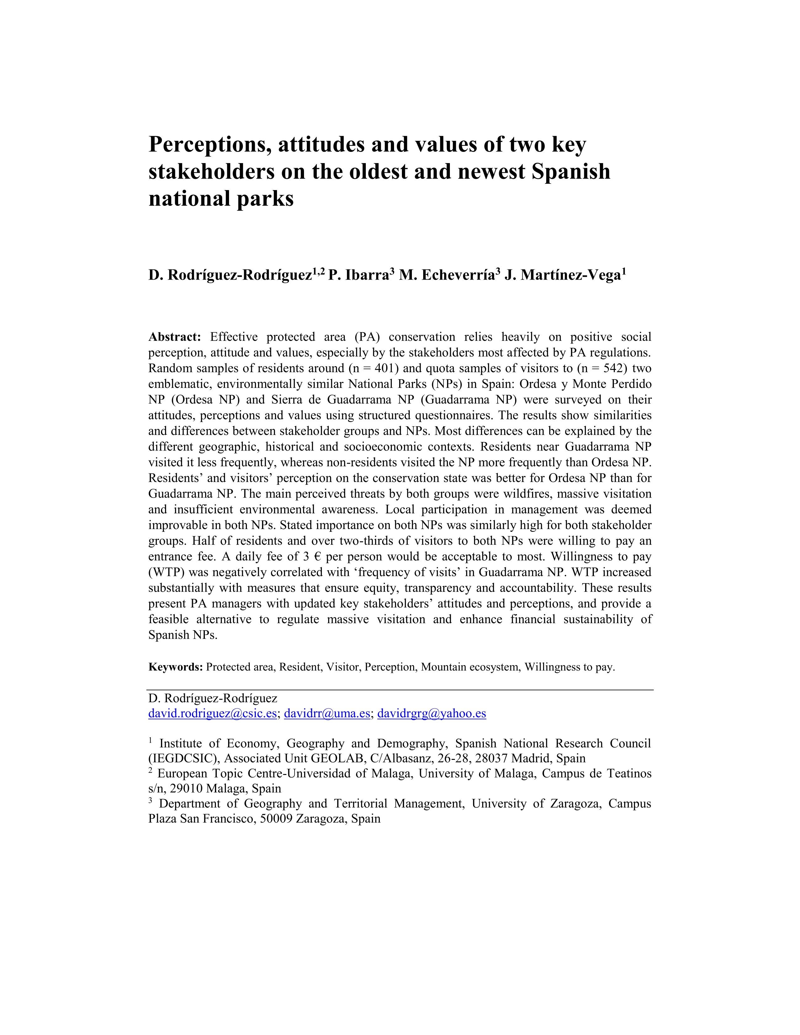 Perceptions, attitudes and values of two key stakeholders on the oldest and newest Spanish national parks