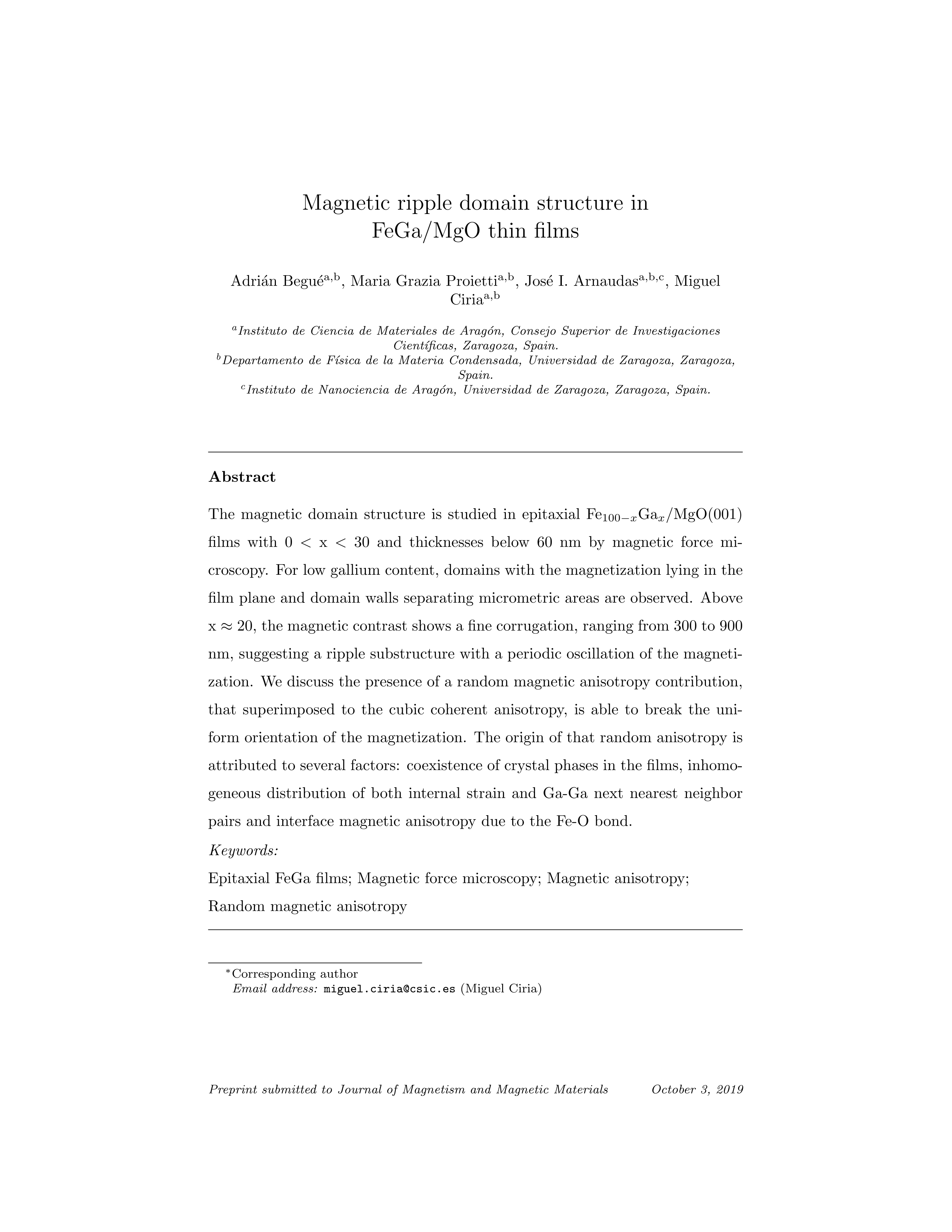 Magnetic ripple domain structure in FeGa/MgO thin films