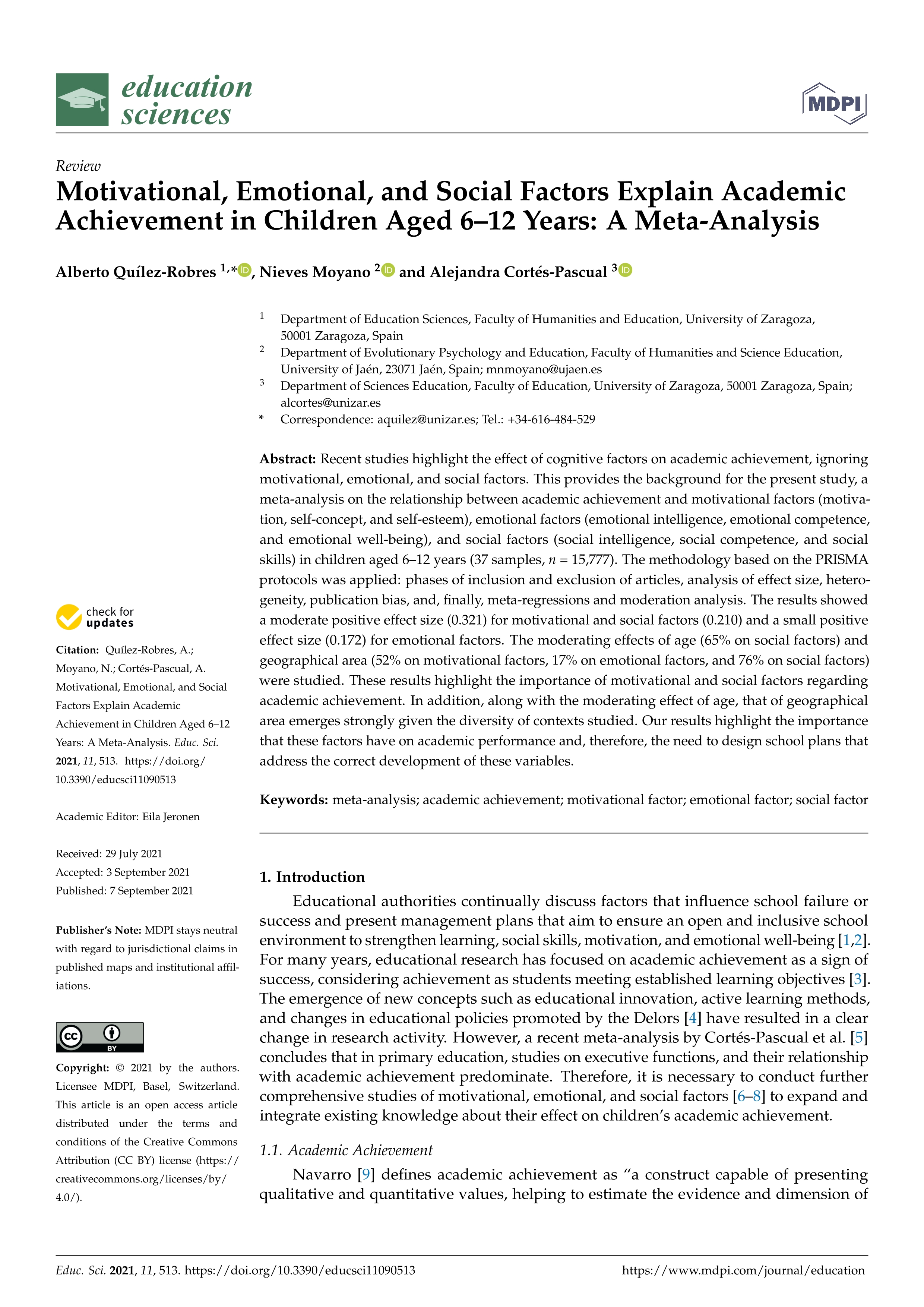 Motivational, emotional, and social factors explain academic achievement in children aged 6–12 years: A meta-analysis