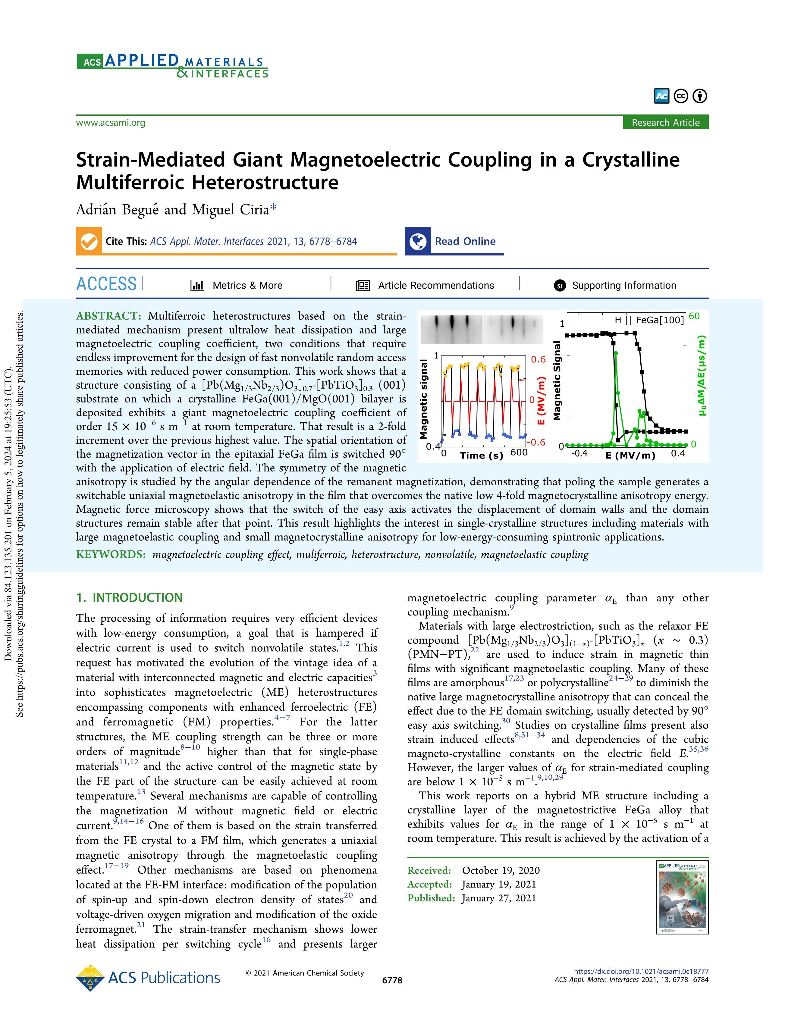 Strain-Mediated Giant Magnetoelectric Coupling in a Crystalline Multiferroic Heterostructure