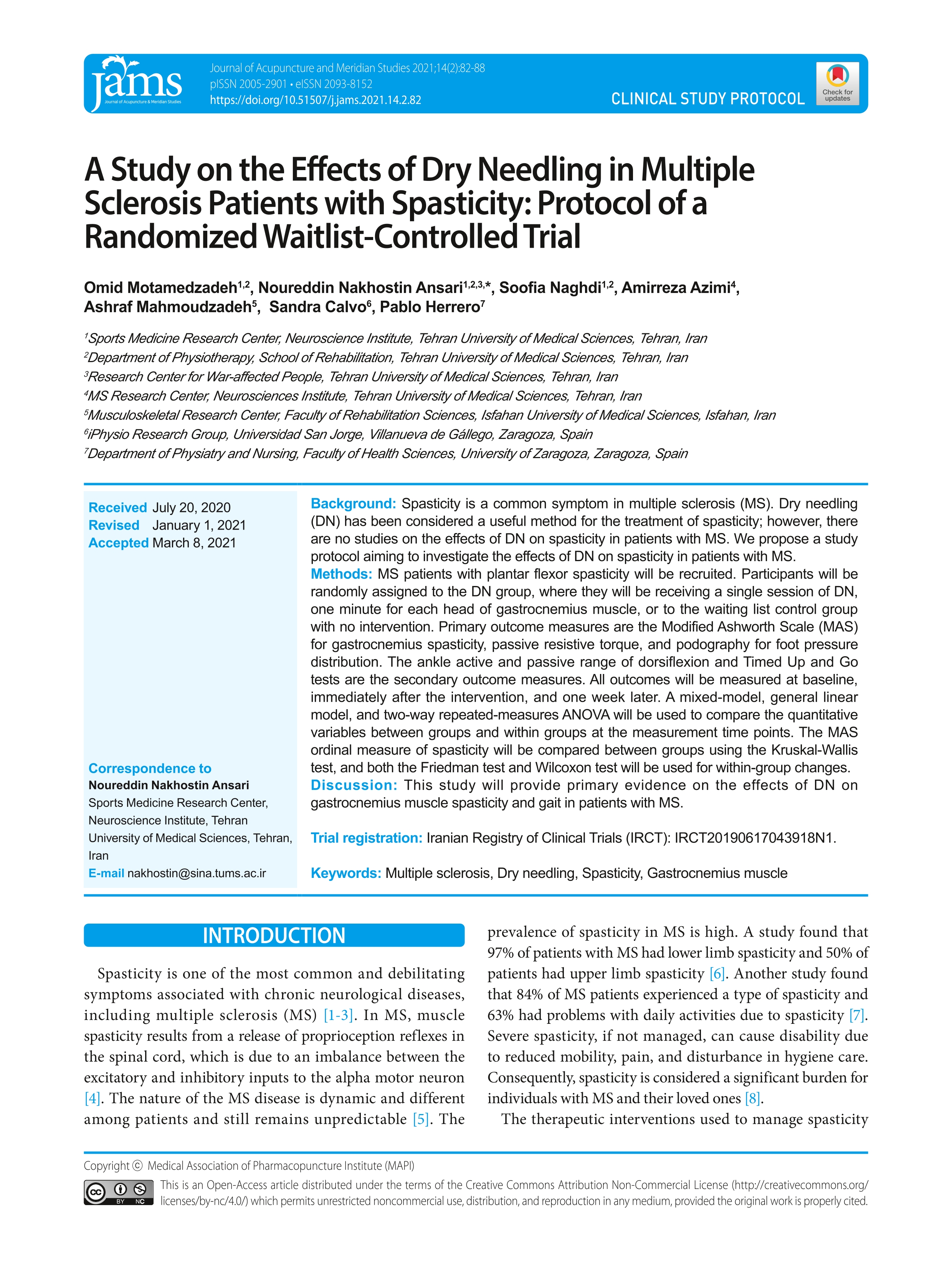 A study on the effects of dry needling in multiple sclerosis patients with spasticity: Protocol of a randomized waitlist-controlled trial