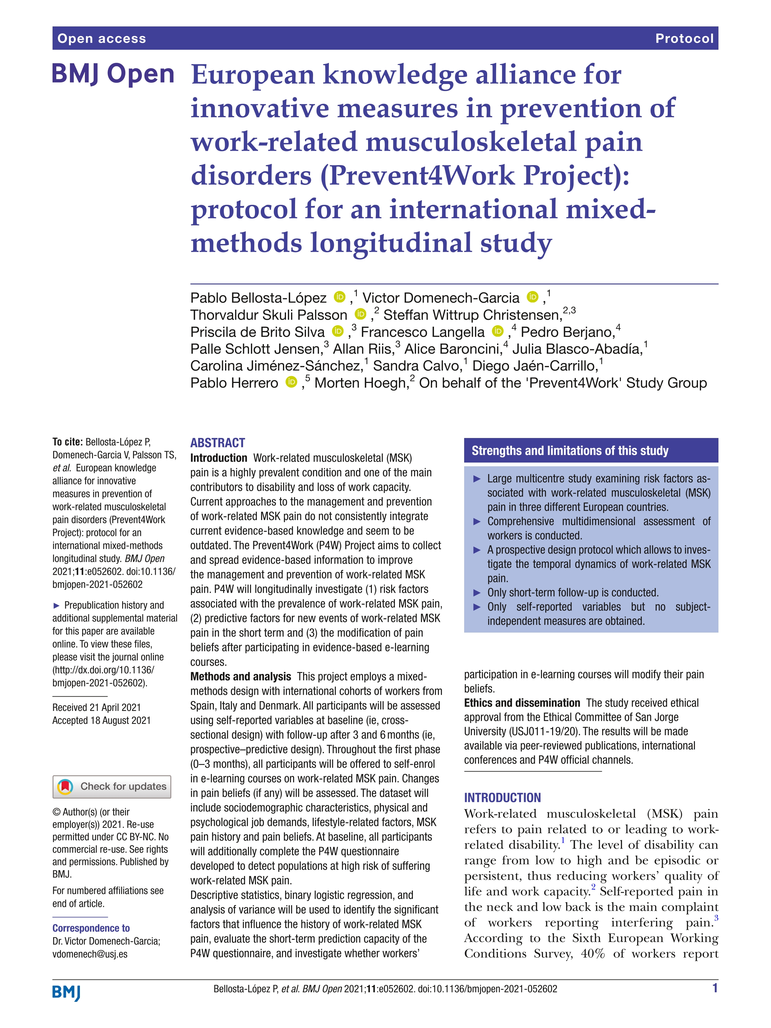 European knowledge alliance for innovative measures in prevention of work-related musculoskeletal pain disorders (Prevent4Work Project): Protocol for an international mixed-methods longitudinal study